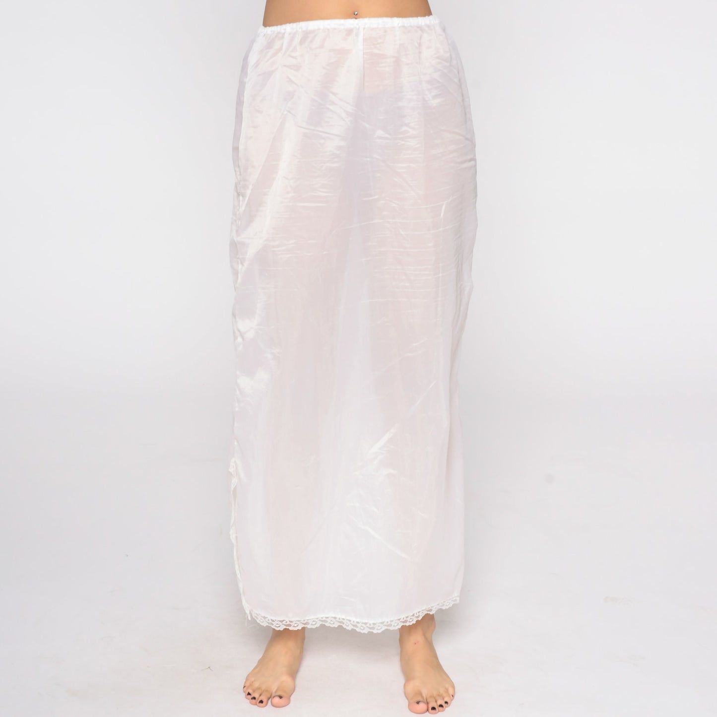 70s White Sheer Slip Skirt Lace Trim Maxi Small Medium