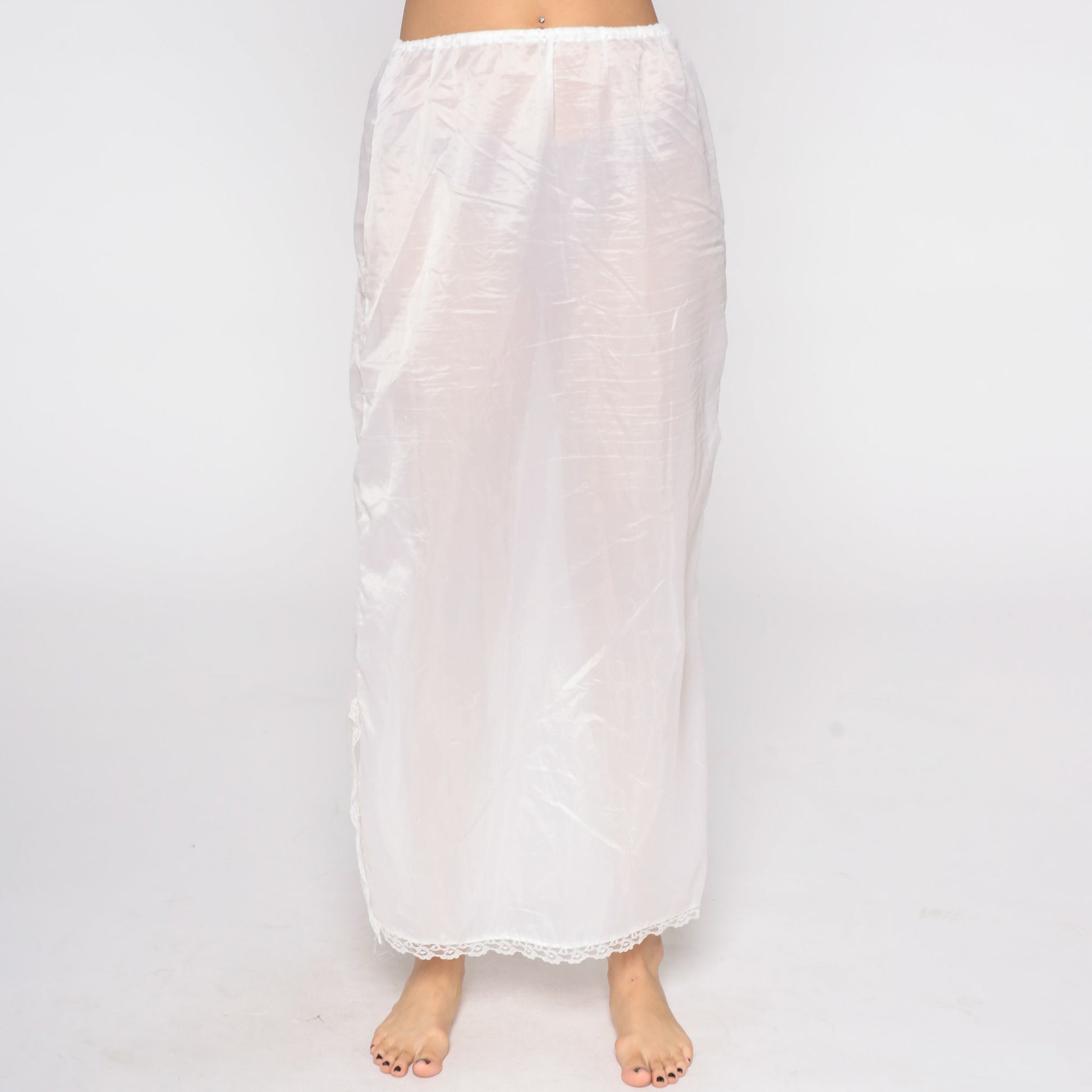 70s White Sheer Slip Skirt Lace Trim Maxi Small Medium