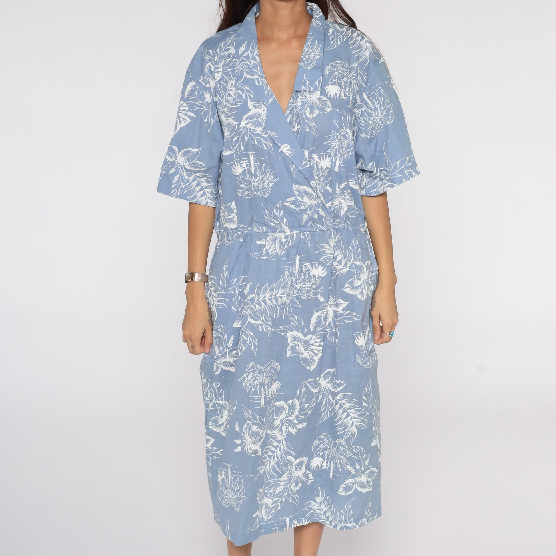 80s Tropical Palm Floral Midi Dress High Waist Wrap Blue Cotton Extra Large