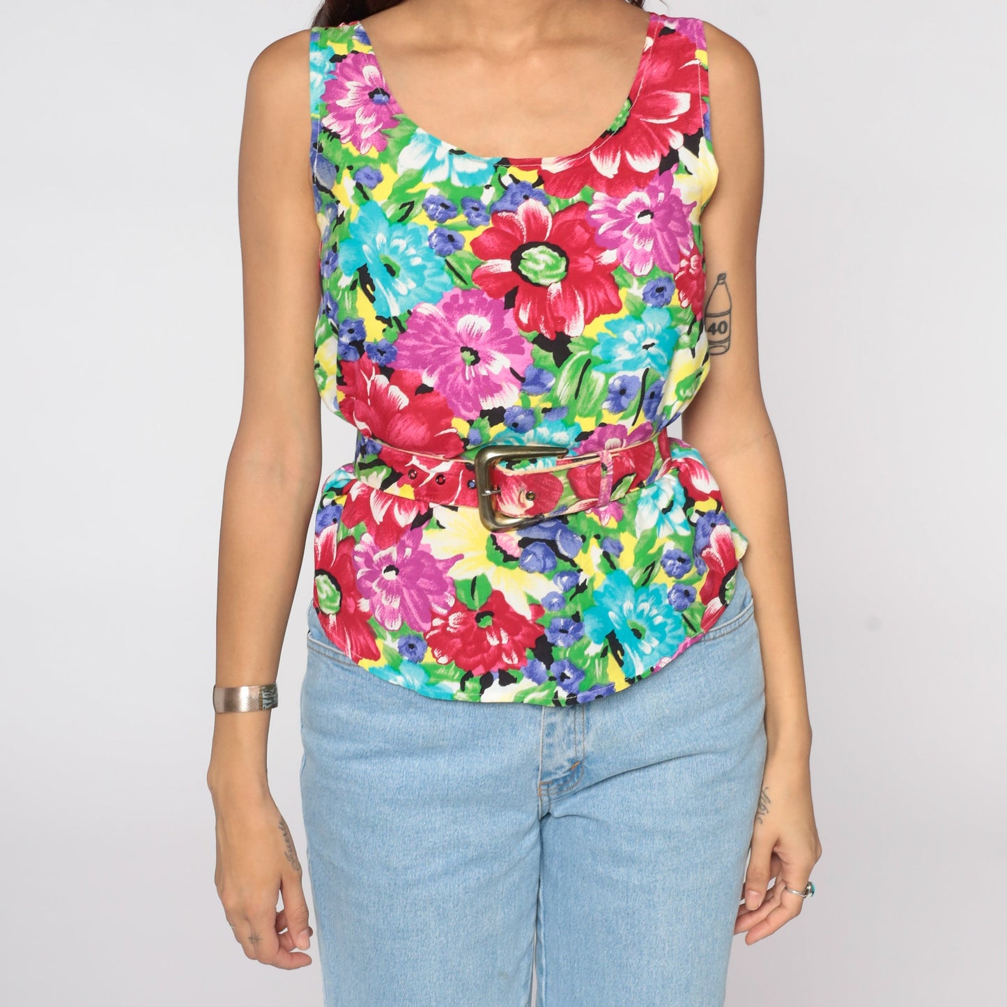 90s Floral Tank Top Sleeveless Blouse Belted Rayon Tropical Extra Small