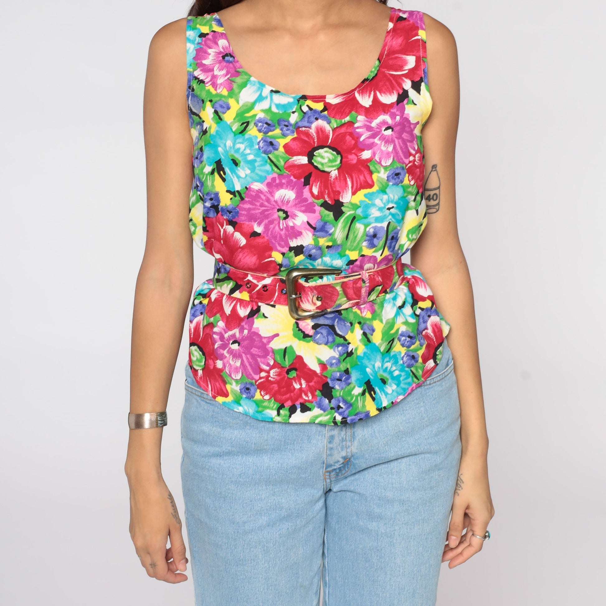 90s Floral Tank Top Sleeveless Blouse Belted Rayon Tropical Extra Small