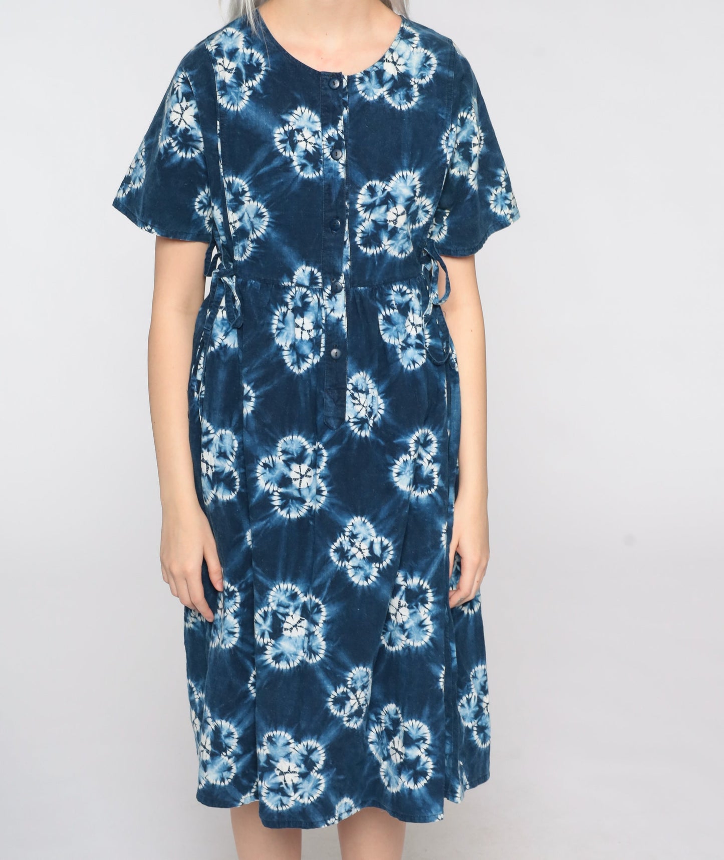 90s Tie Dye Midi Dress Blue Floral Empire Waist Button Front Cotton Medium