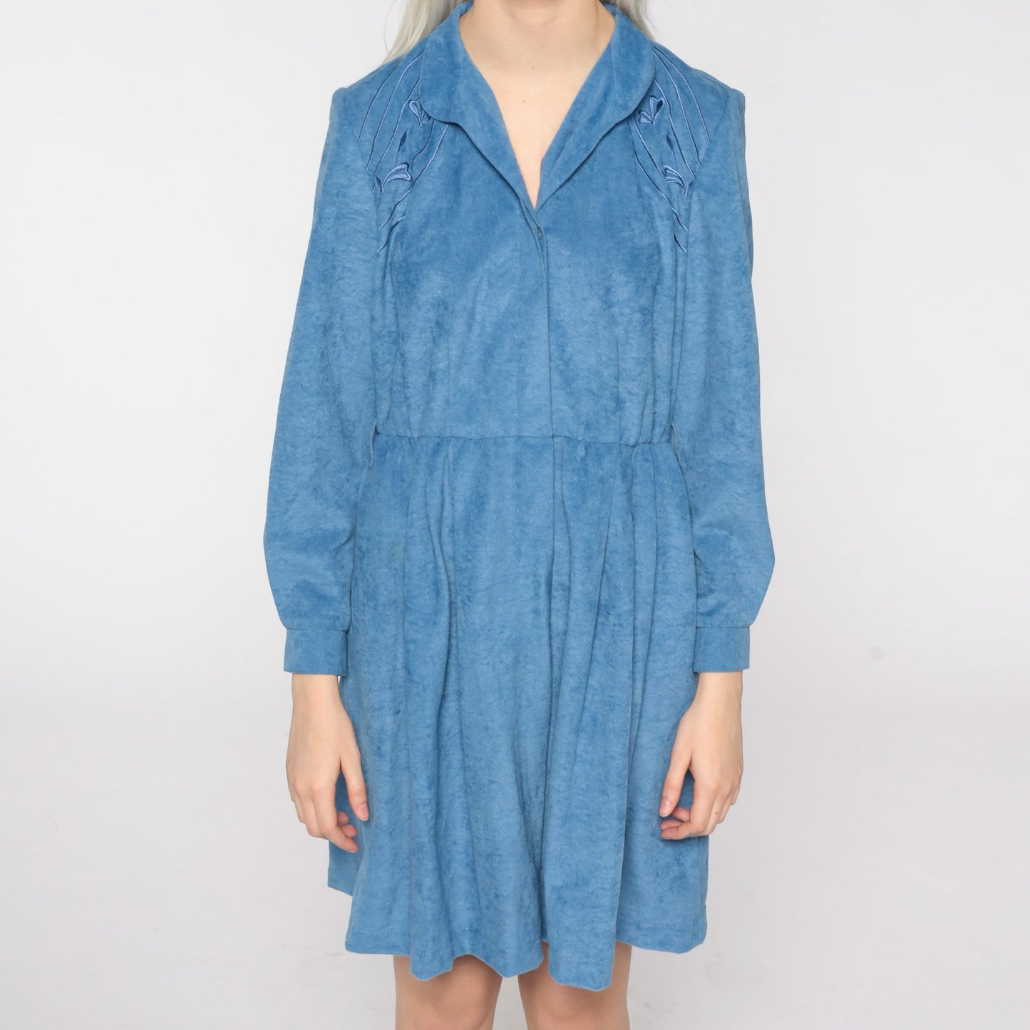 80s Blue Floral Embroidered Mini Shirtdress High Waist Button Up Long Sleeve Medium