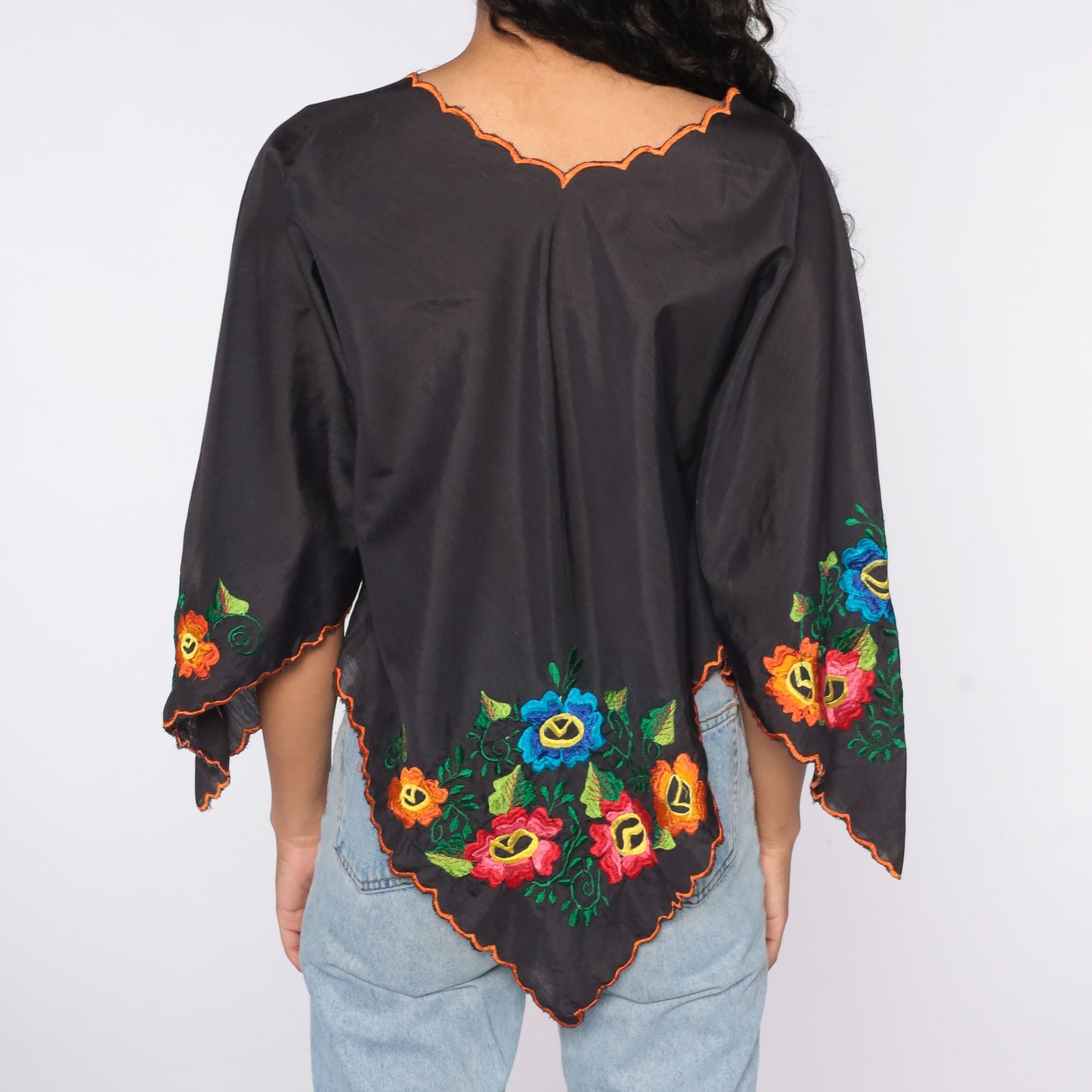 90s Black Floral Embroidered Bell Sleeve Tunic Top Small Medium