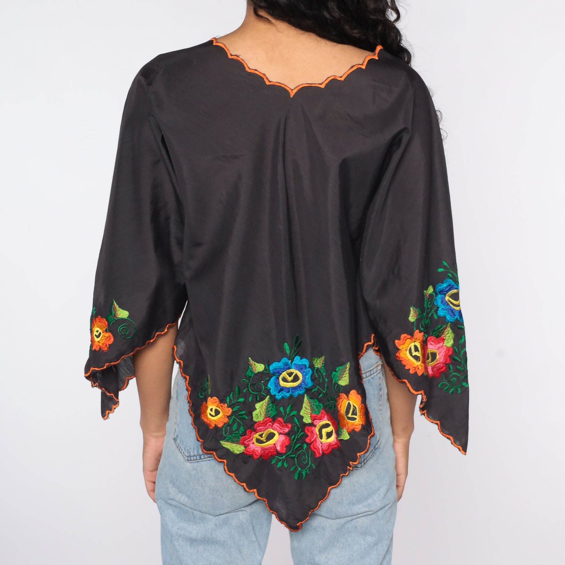 90s Black Floral Embroidered Bell Sleeve Tunic Top Small Medium