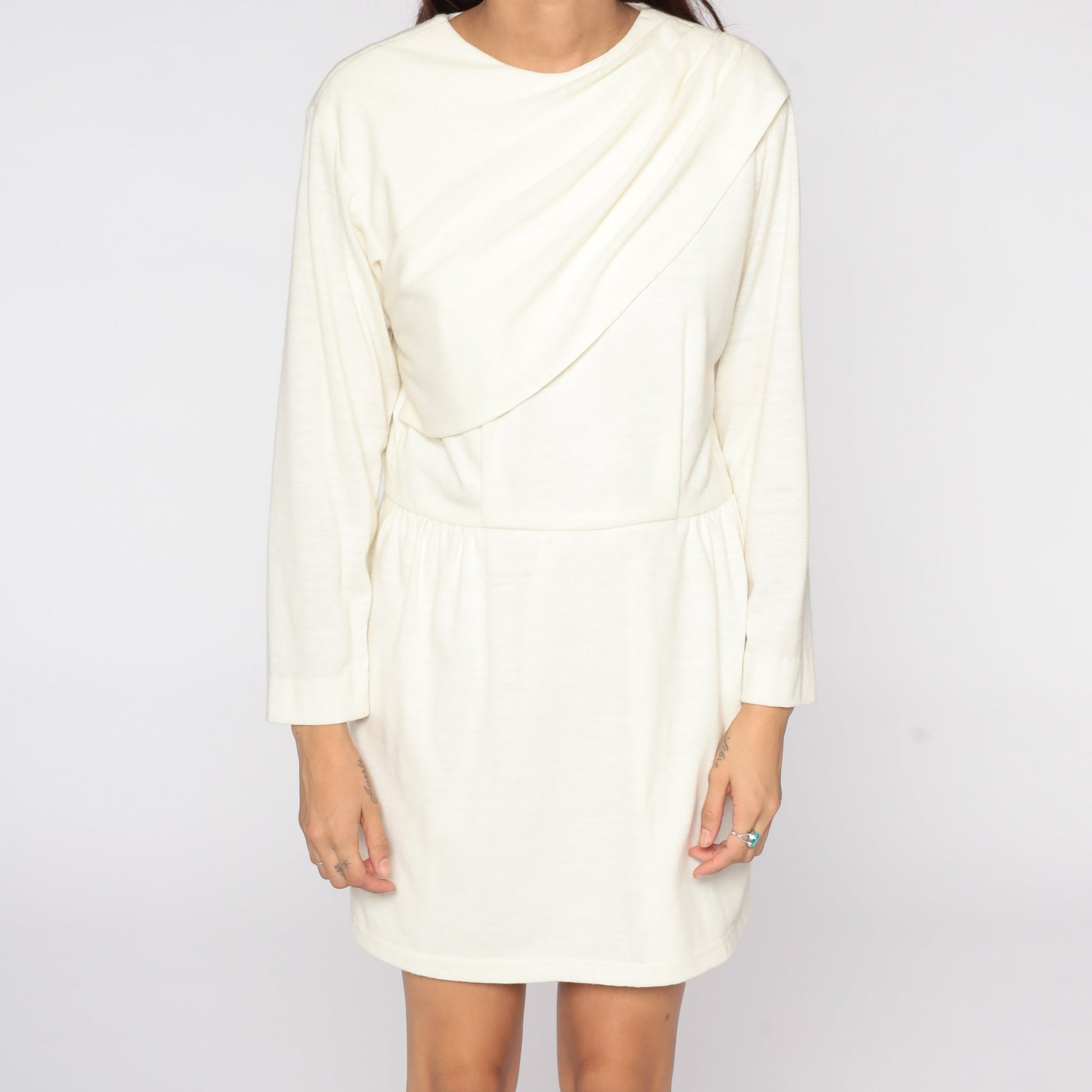 80s Off-White Mini Dress High Waist Long Sleeve Draped Medium