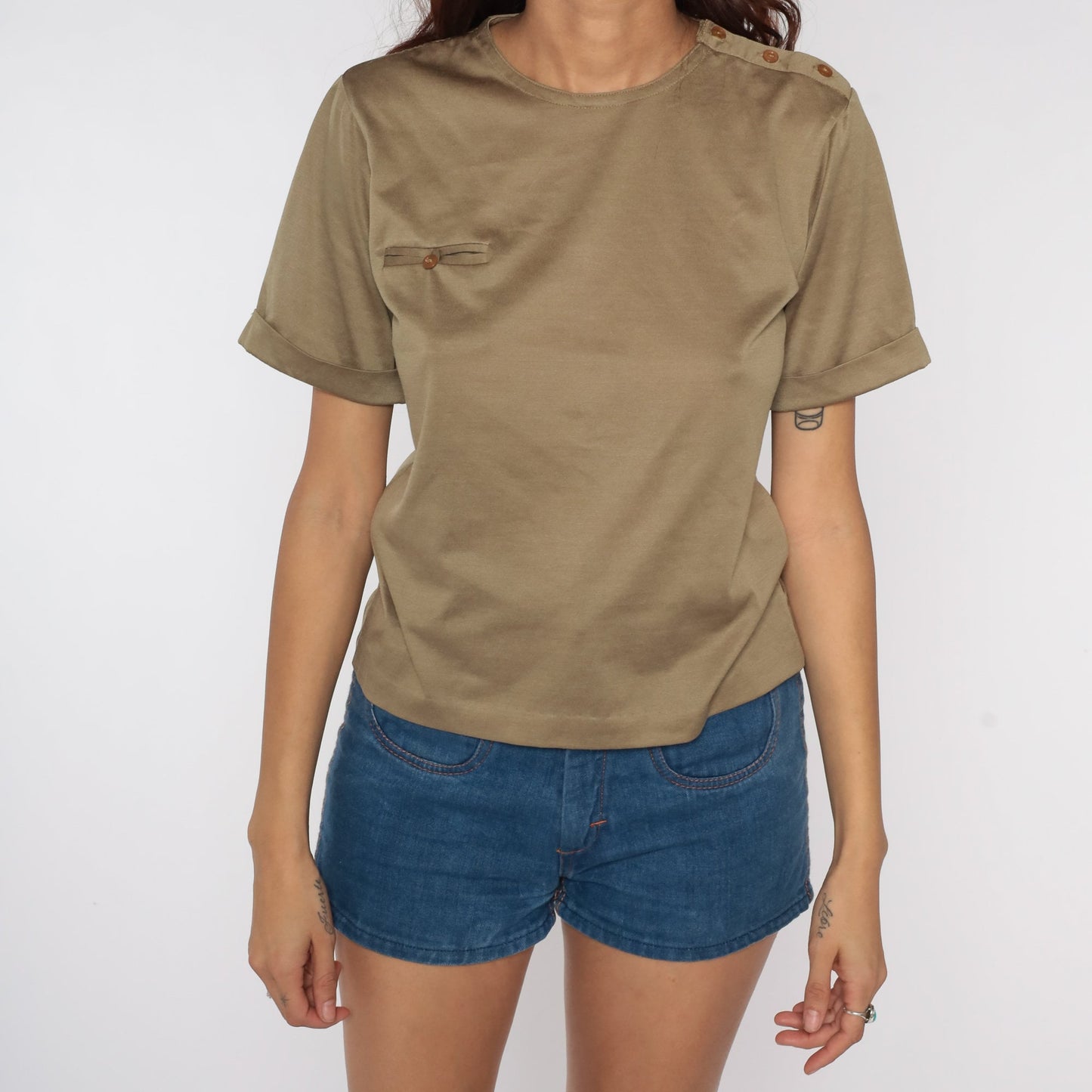 80s Brown Cotton T-Shirt Cuffed Sleeves Pocket Tee Small Medium
