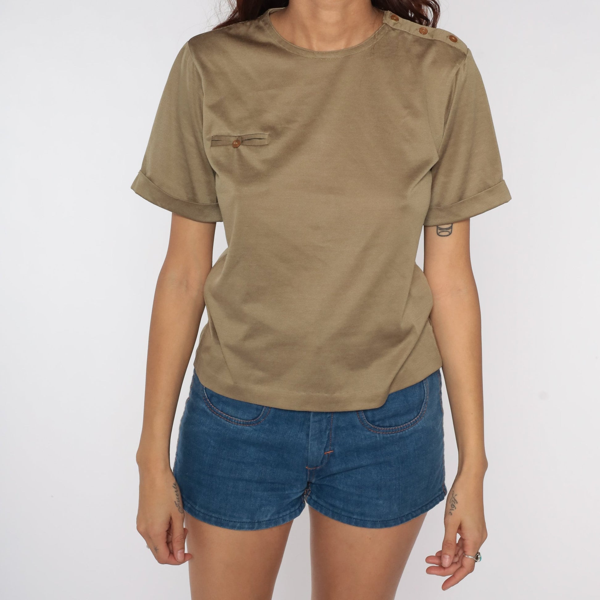 80s Brown Cotton T-Shirt Cuffed Sleeves Pocket Tee Small Medium