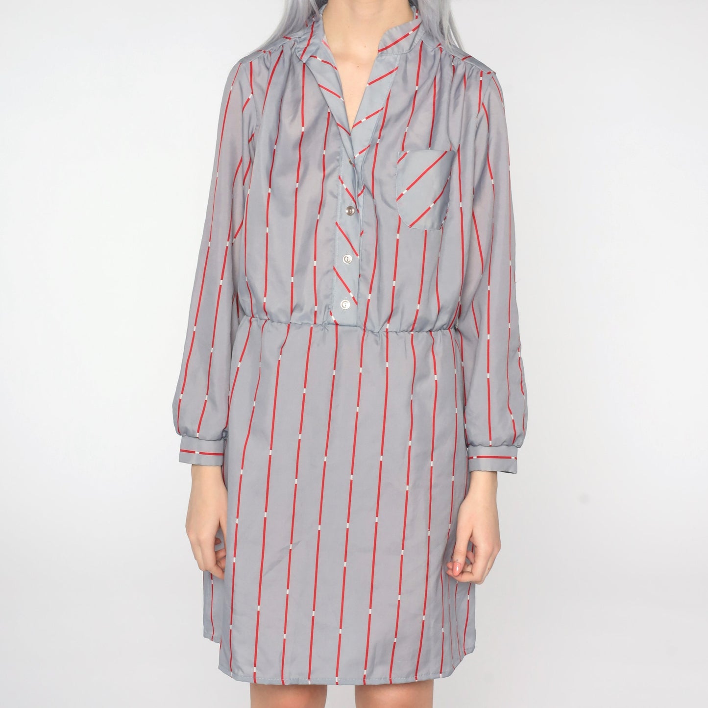 80s Striped Button-Up Mini Dress Grey Red Shirtdress Medium