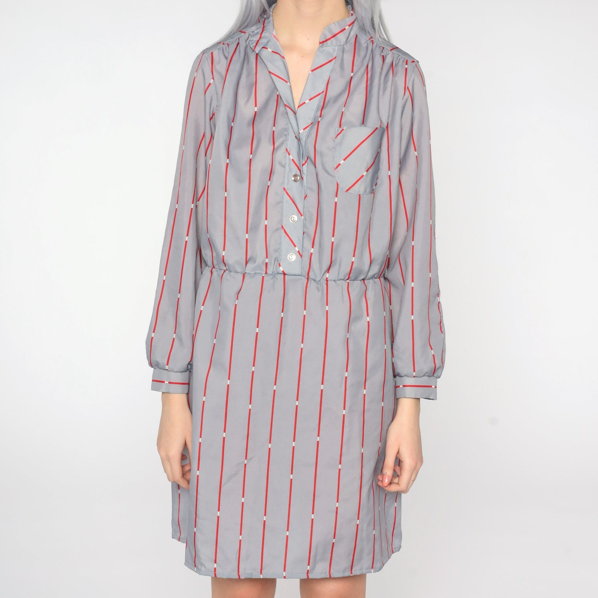80s Striped Button-Up Mini Dress Grey Red Shirtdress Medium
