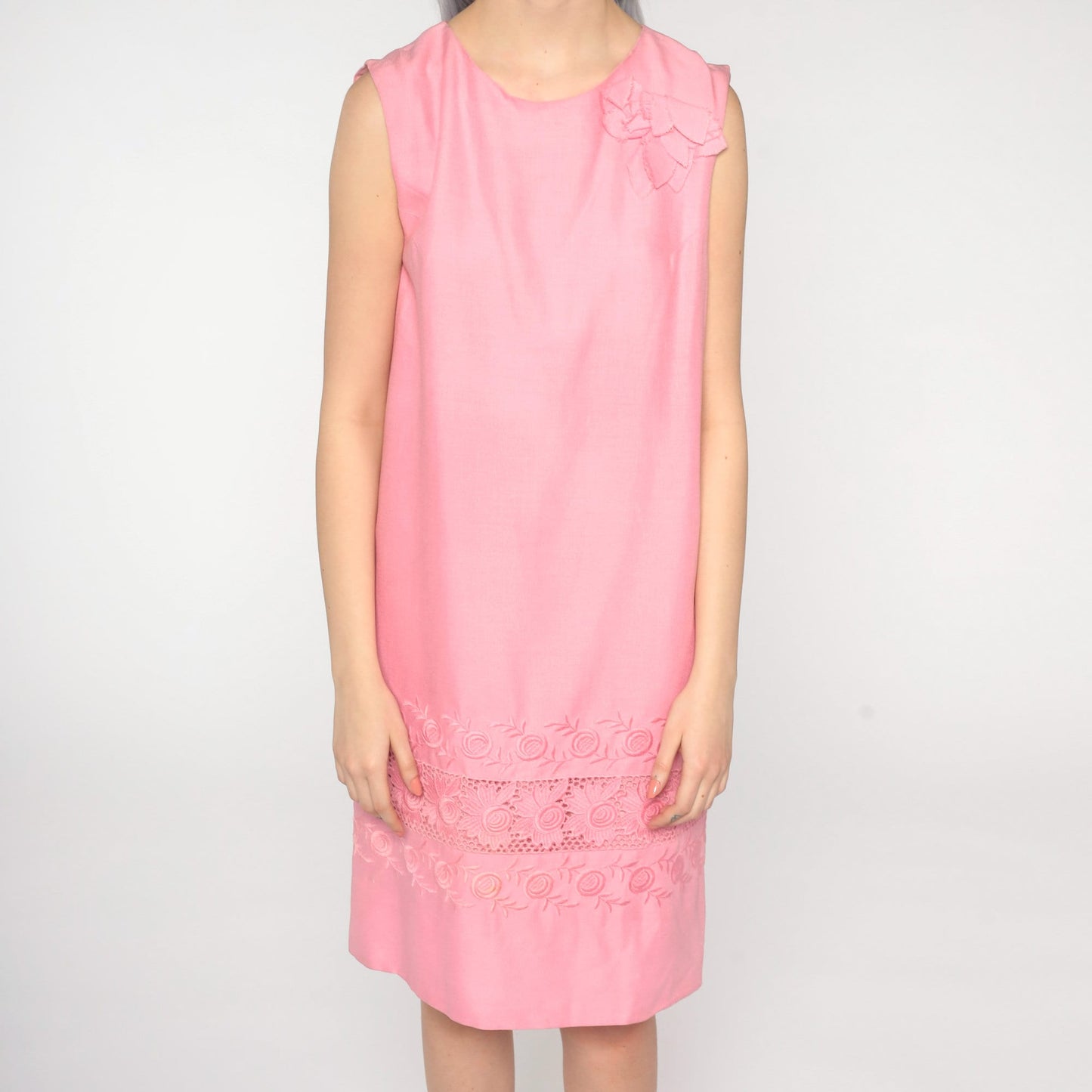 60s Floral Embroidered Shift Mini Dress Pink Sleeveless Small Medium