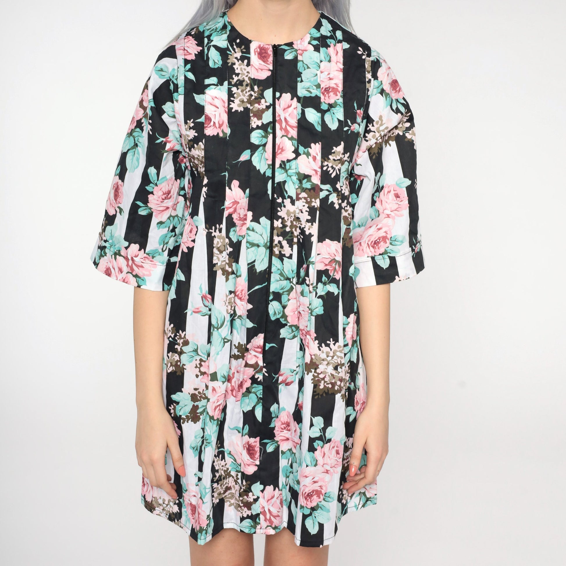 80s Floral Print Mini Dress Front Zip Shift Dress Black White Small