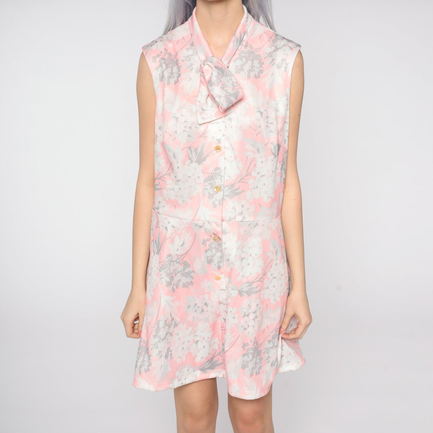 70s Floral Mini Dress Pink White Grey Button-Up High Waist Sleeveless Extra Large