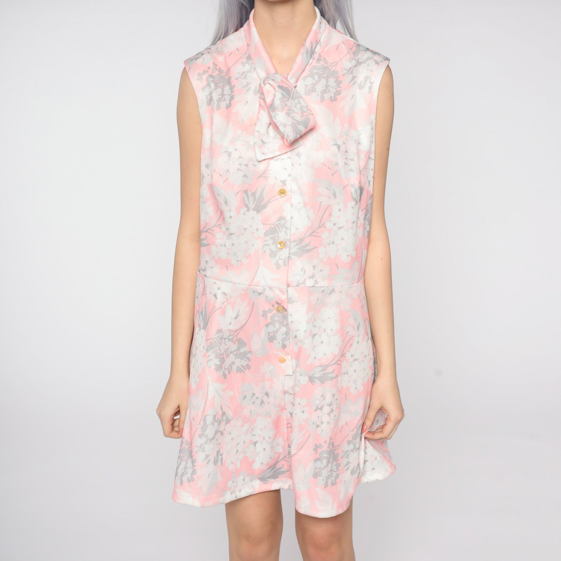70s Floral Mini Dress Pink White Grey Button-Up High Waist Sleeveless Extra Large