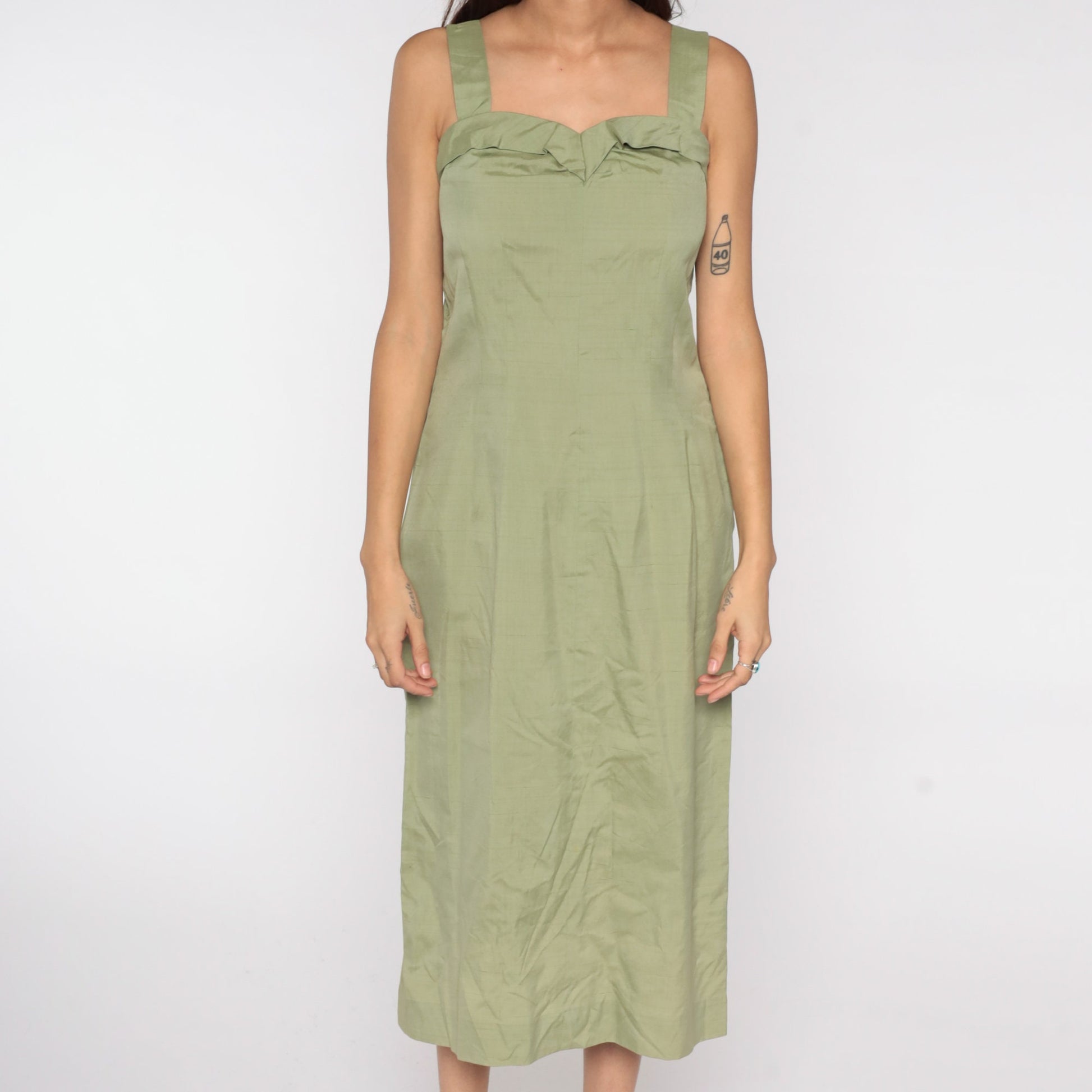 1950s Avocado Green Pencil Dress Sleeveless Tank Sheath Midi Large