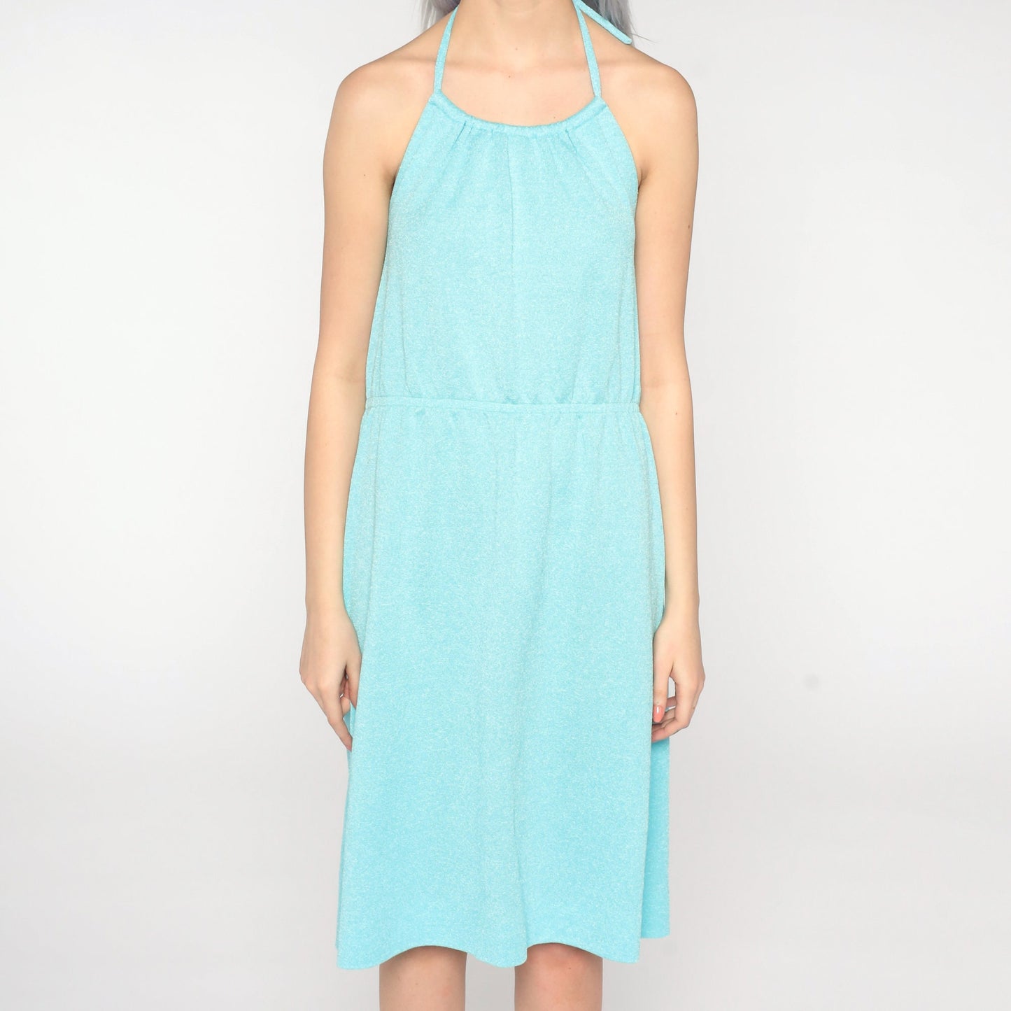70s Aqua Blue Halter Midi Sundress High Waist Small Medium
