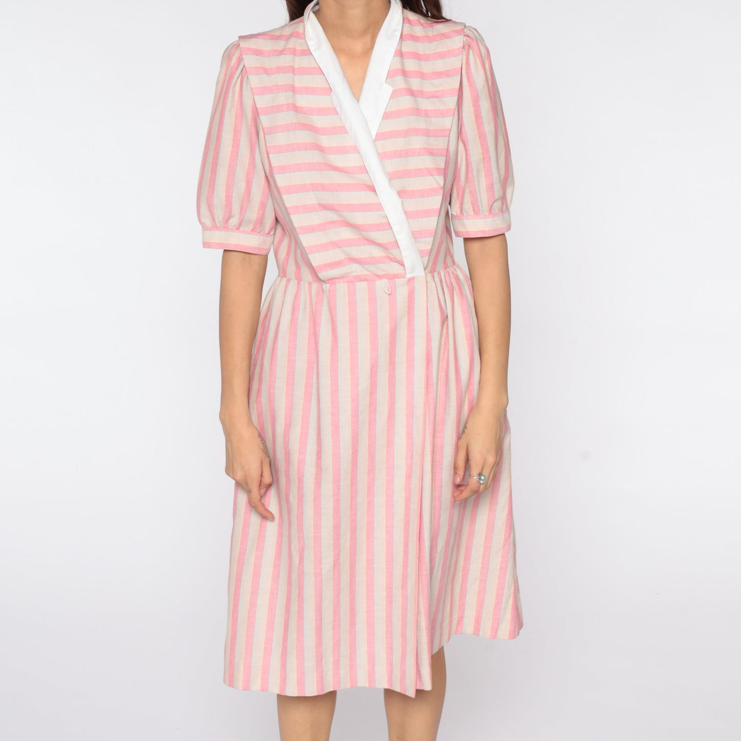 80s Pink Striped Midi Wrap Dress Puff Sleeve V-Neck Medium