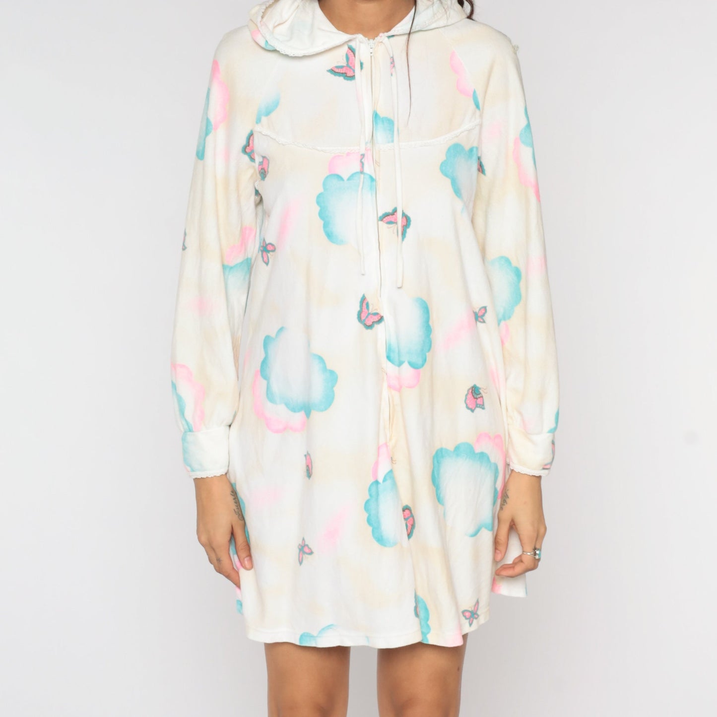 70s Hooded Lounge Dress Mini Butterfly Cloud Print Shift Beige White Small