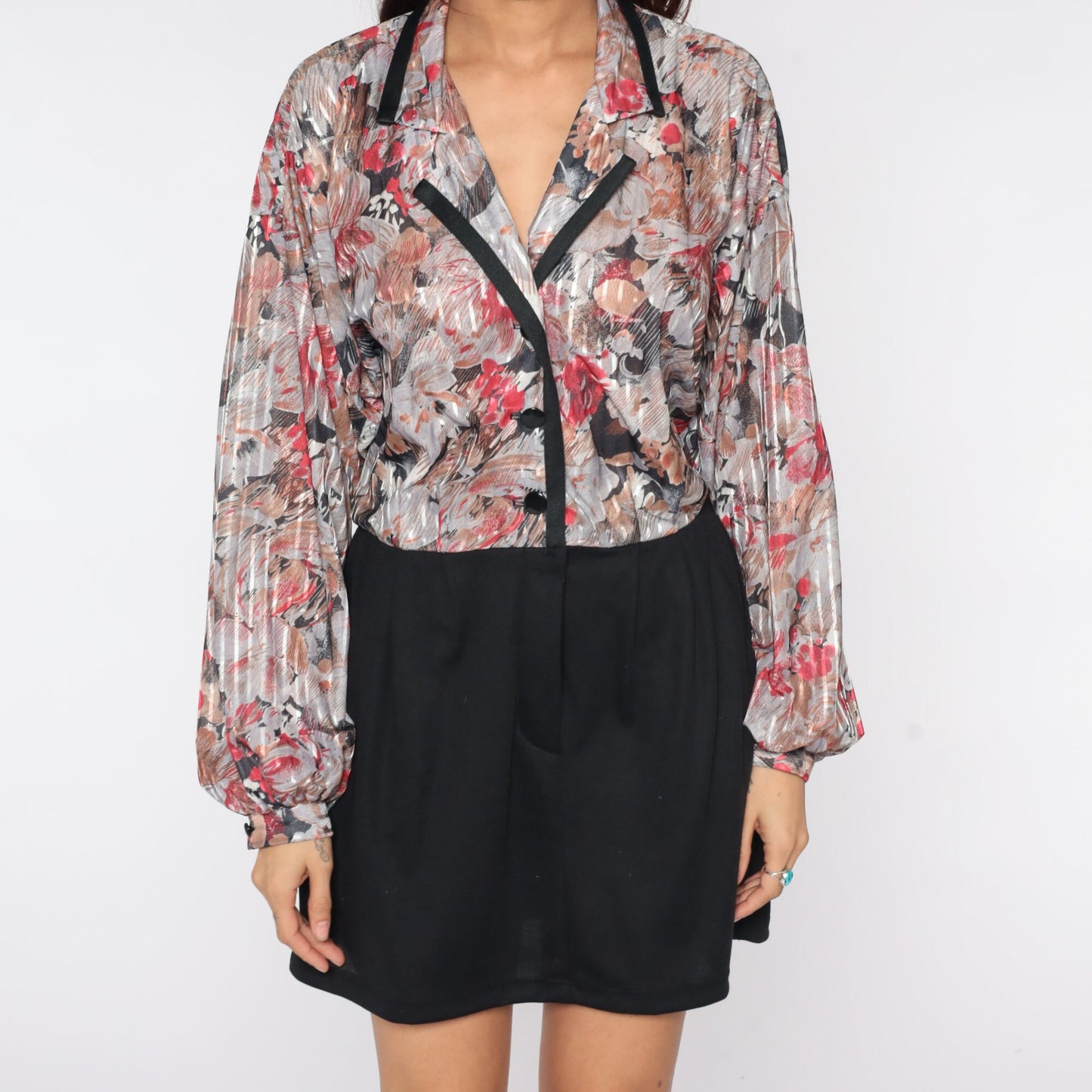70s Floral Mini Dress Black Skirt Collared Button-Up Long Sleeve Medium