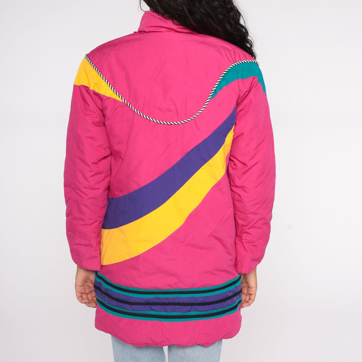 80s Neon Pink Puffer Ski Jacket Abstract Stripe Toggle Buttons Floral Lining Extra Small XS