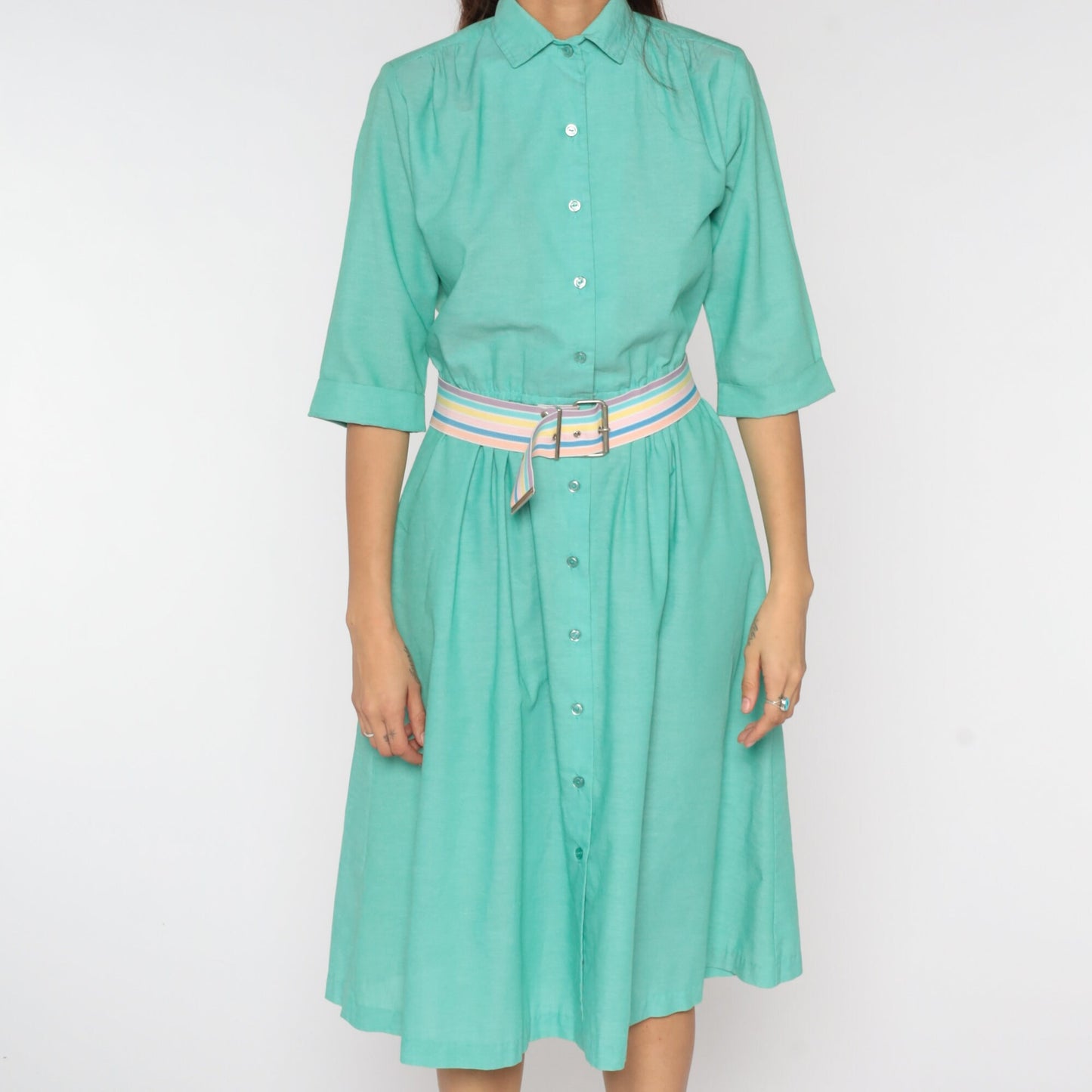 80s Green Shirtwaist Midi Dress High Waist Button Up 3/4 Sleeve Medium Petite