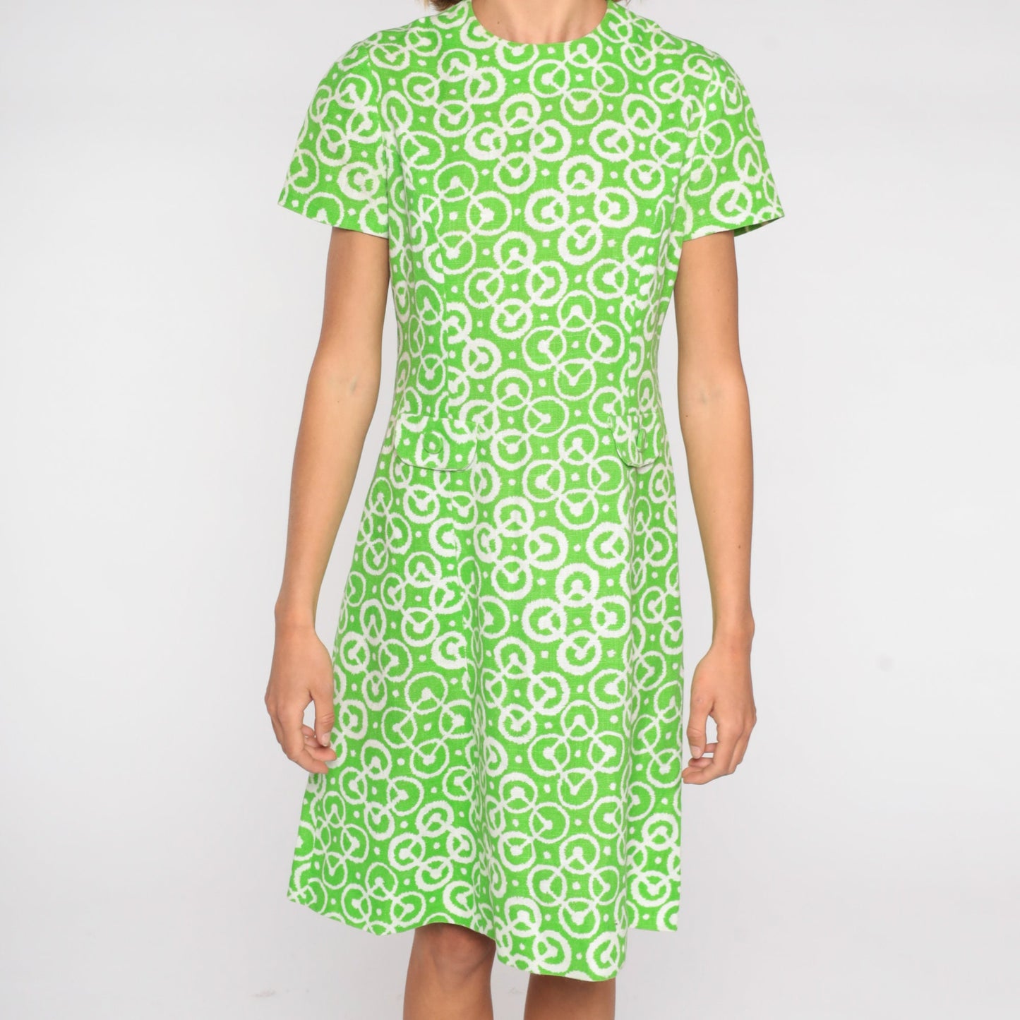 60s Green Geometric A-Line Shift Dress Short Sleeve Mini Pockets Small