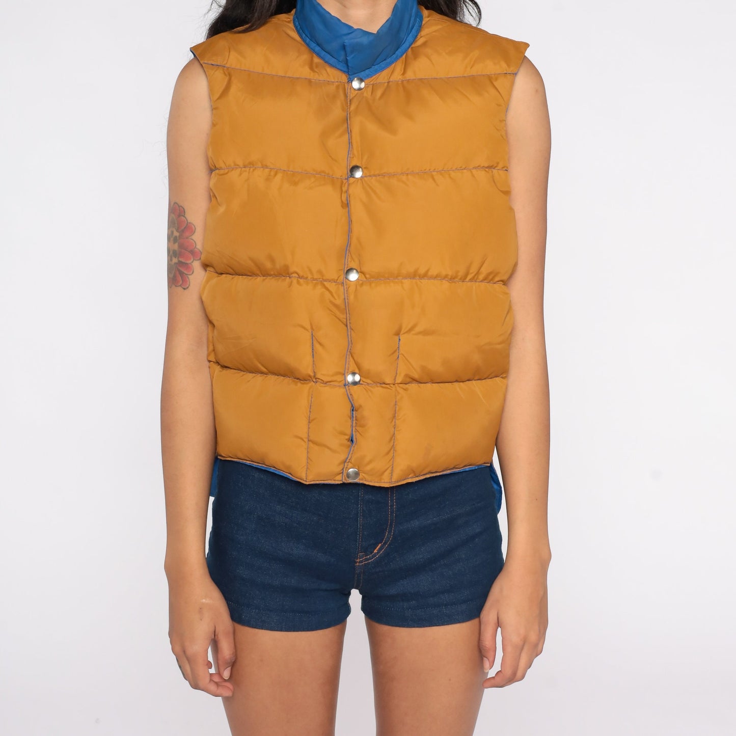 70s Reversible Goose Down Puffer Vest Mustard Brown Blue Sleeveless Medium Large