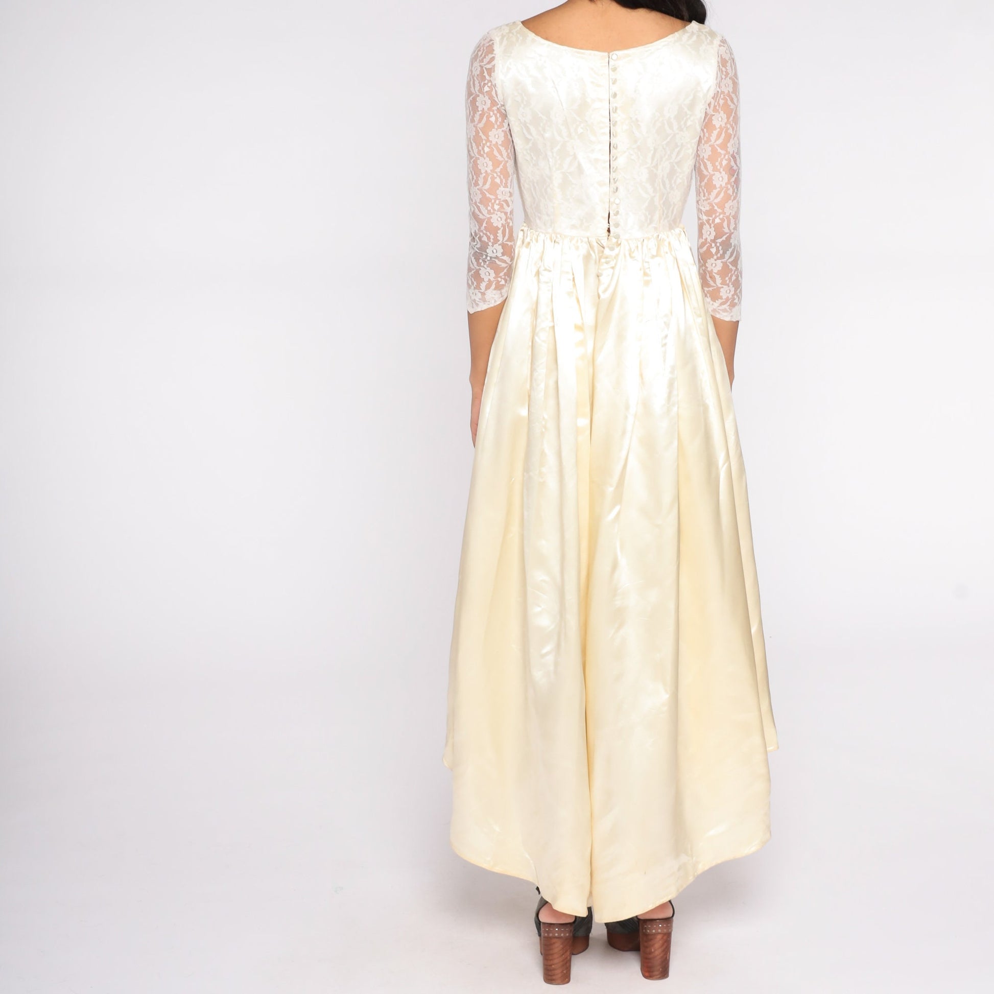 1960s Cream Lace Wedding Dress Basque Waist Maxi Small