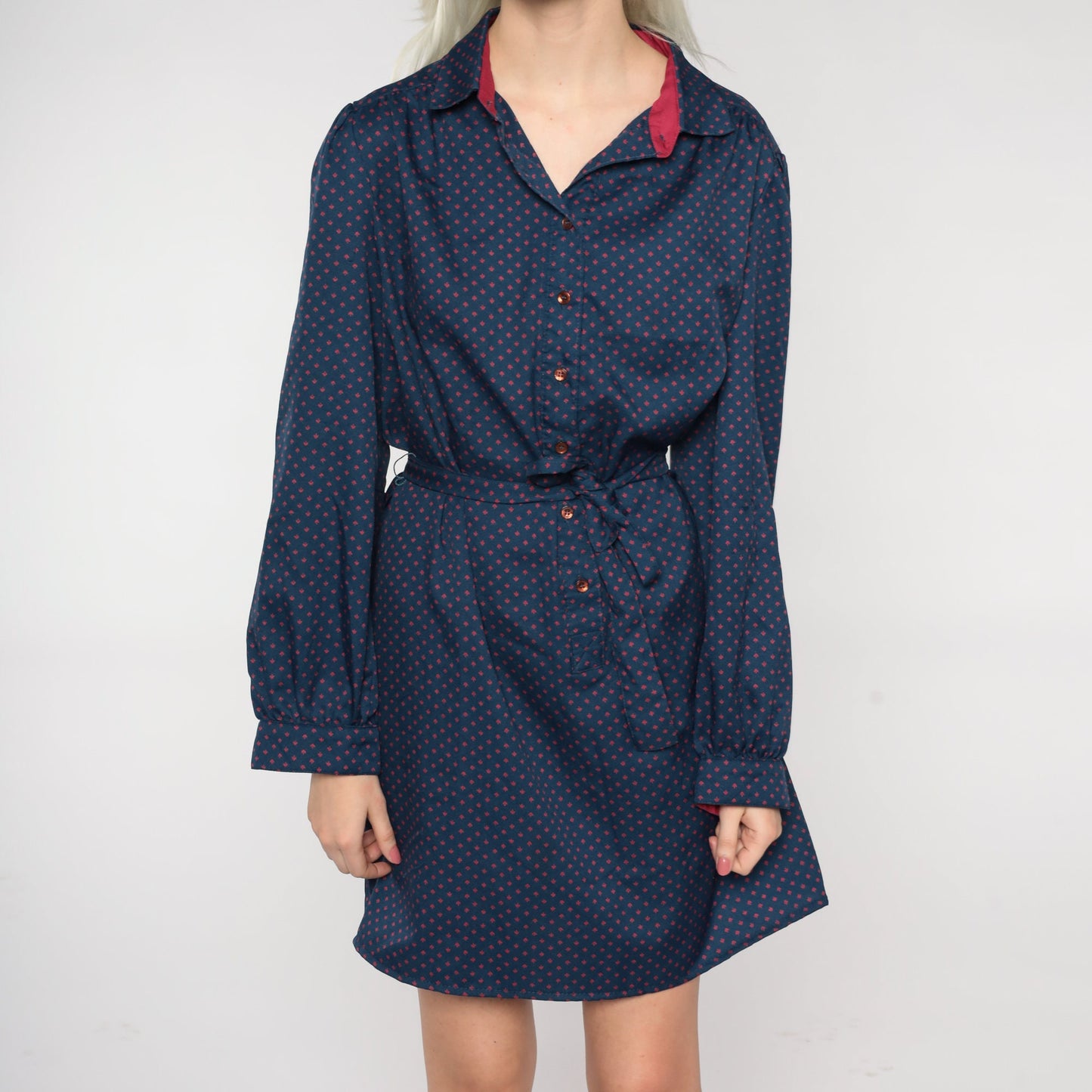 80s Navy Polka Dot Button-Up Mini Dress High Waist Tie Belt Long Sleeve Large L