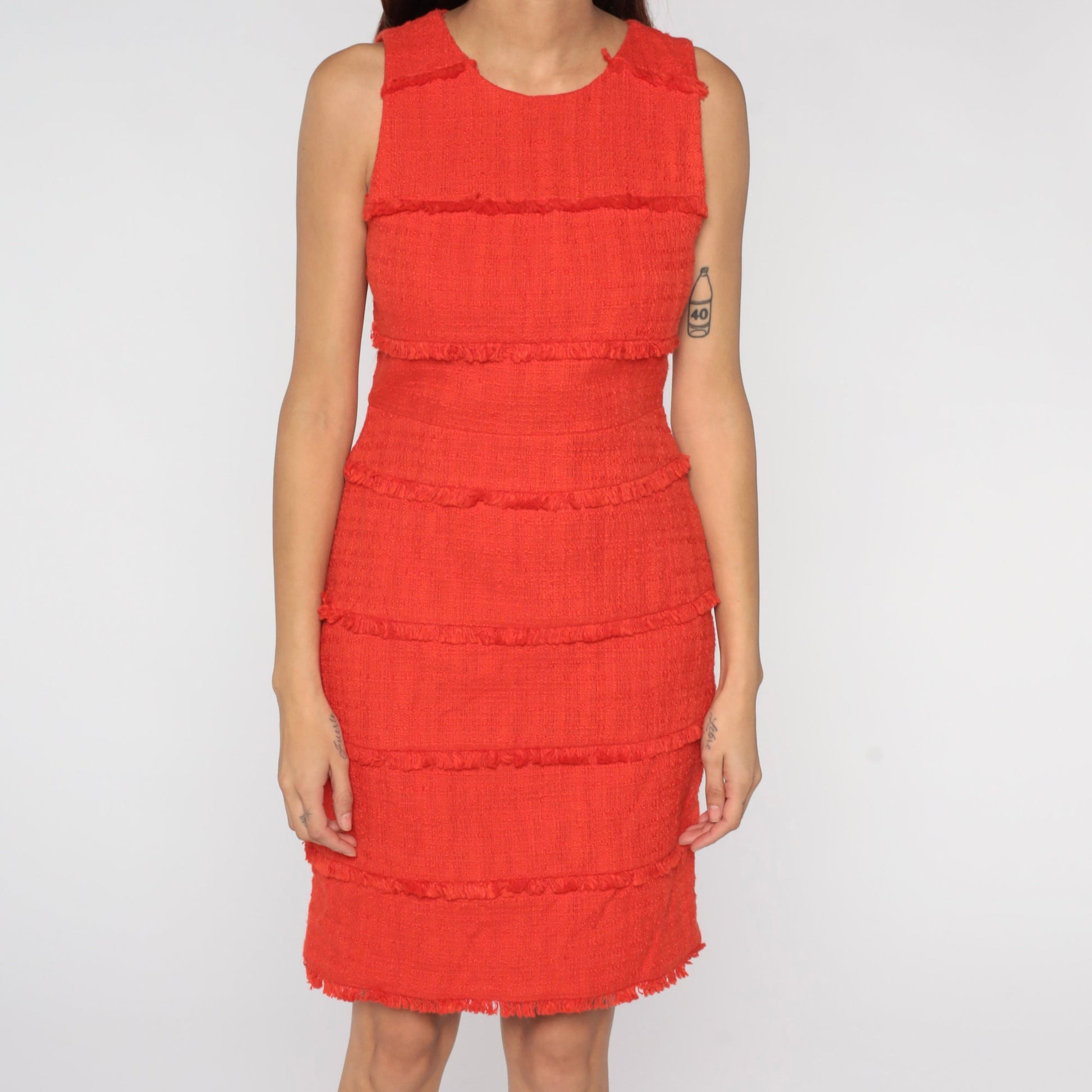00s Orange Cotton Mini Dress Sleeveless Sheath Fringe Trim Small