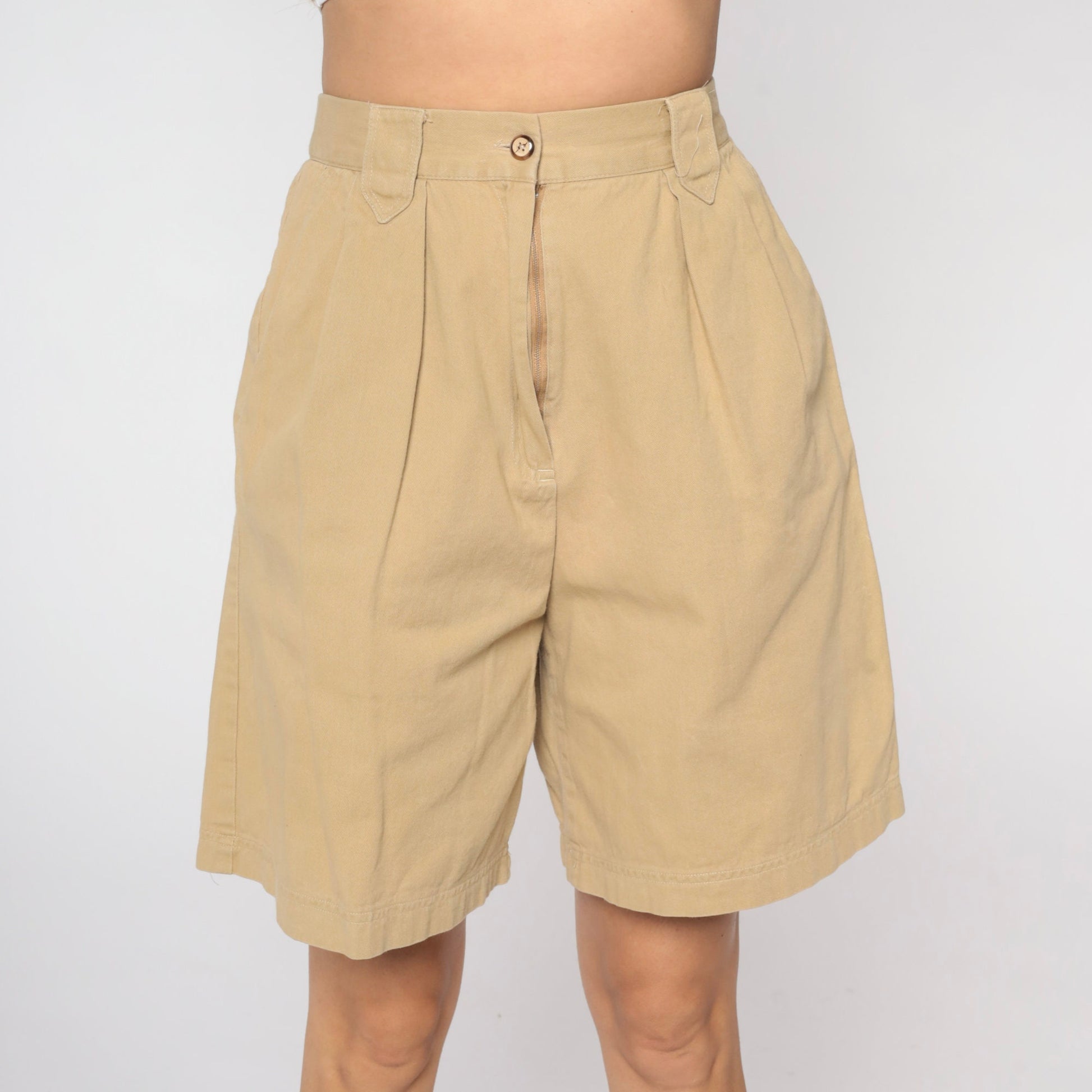 90s Khaki Pleated Bermuda Shorts High Waisted Wide Leg Cotton Small