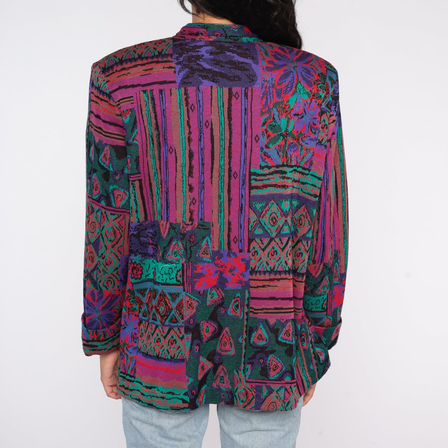 90s Woven Blazer Jacket Abstract Tapestry Tie Front Beaded Large L