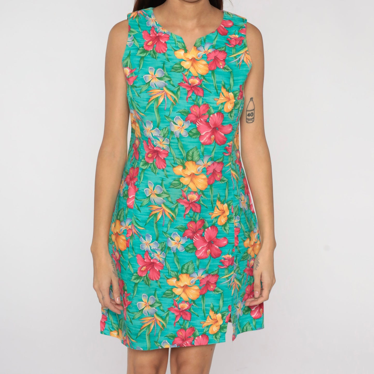 90s Floral Sheath Sundress Turquoise Mini Sleeveless Small Medium