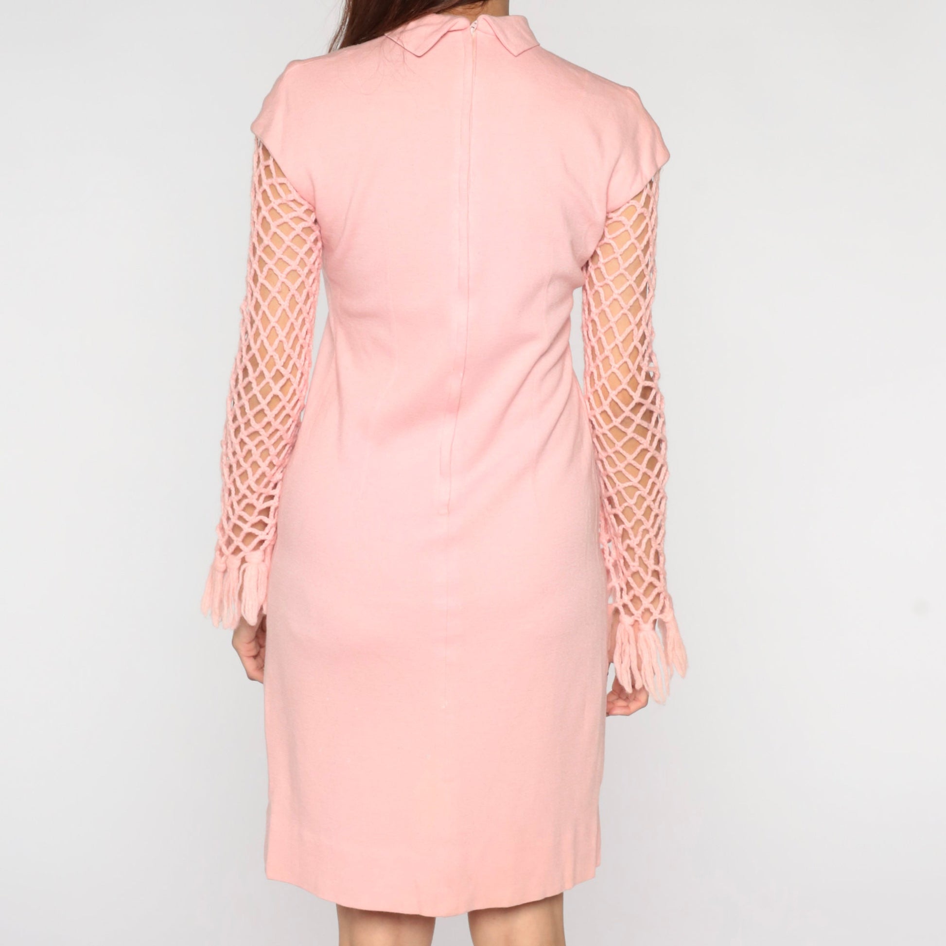 60s Mod Mini Dress Baby Pink Crochet Sleeve Mock Neck Small
