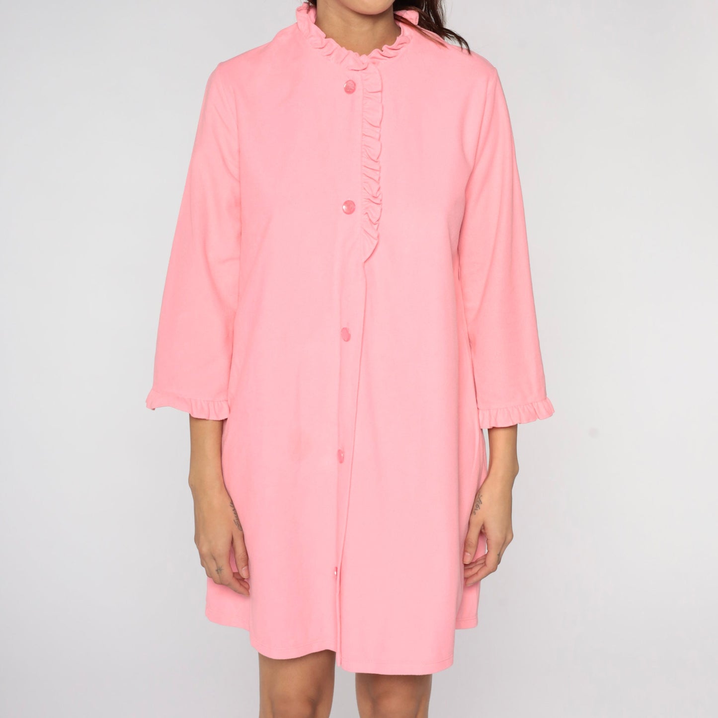 70s Pink Fleece Lounge Dress Mini Button-Up Long Sleeve Medium Large