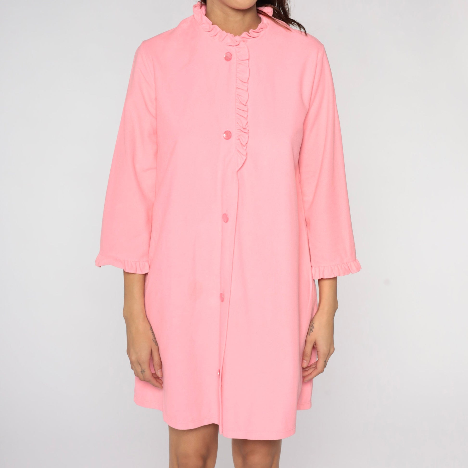 70s Pink Fleece Lounge Dress Mini Button-Up Long Sleeve Medium Large