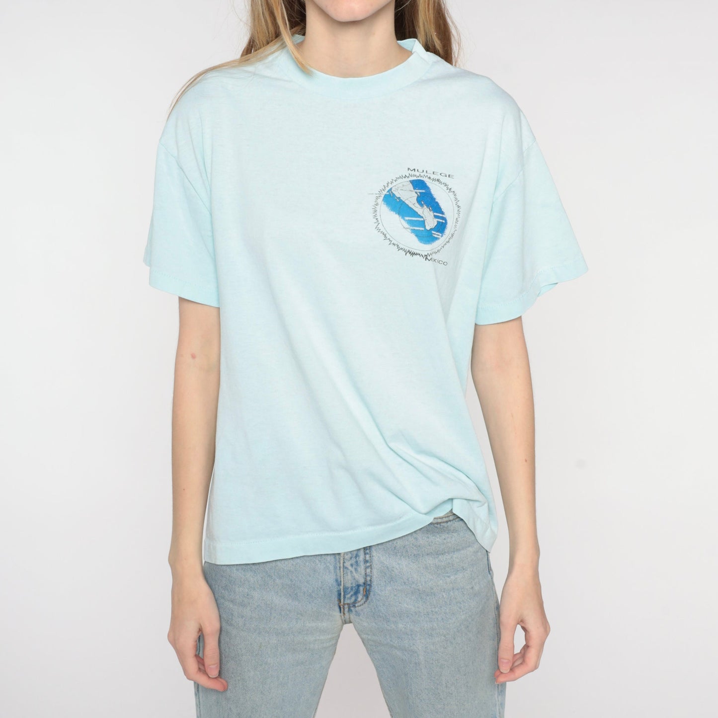 1991 Solar Eclipse Mulege Mexico T-Shirt Light Blue Graphic Tee Large L