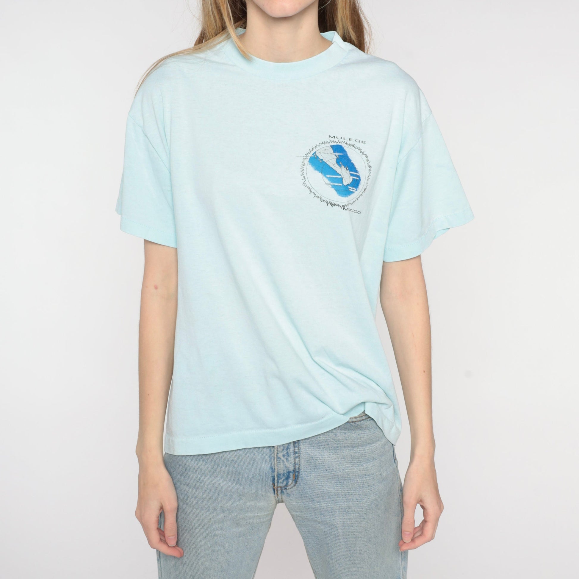 1991 Solar Eclipse Mulege Mexico T-Shirt Light Blue Graphic Tee Large L