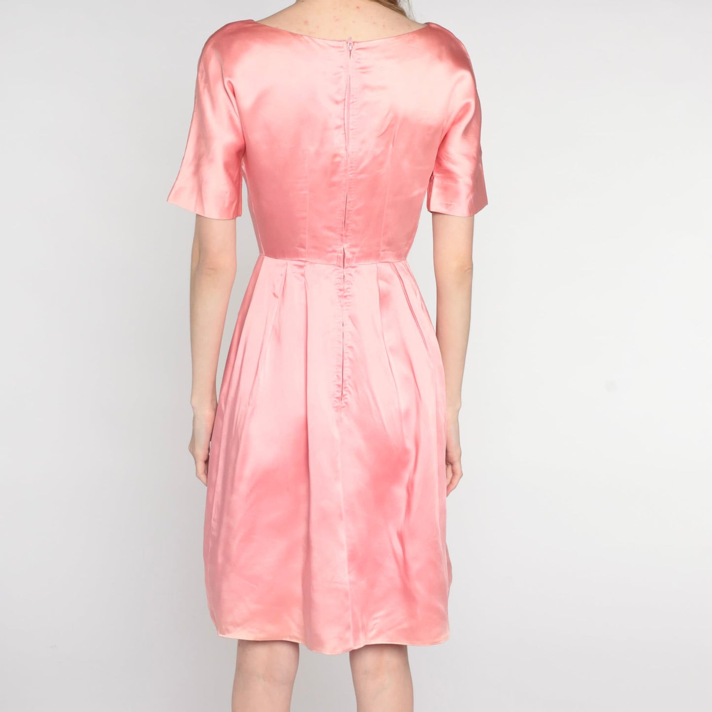 1960s Pink Satin Mini Shift Dress Short Sleeve High Waist Extra Small XS