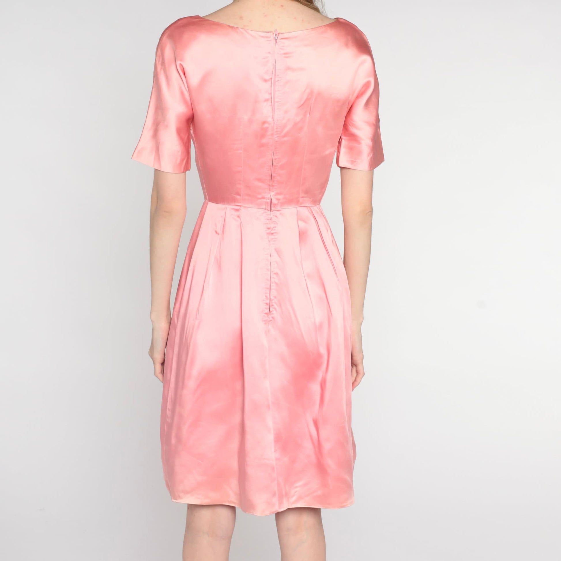 1960s Pink Satin Mini Shift Dress Short Sleeve High Waist Extra Small XS