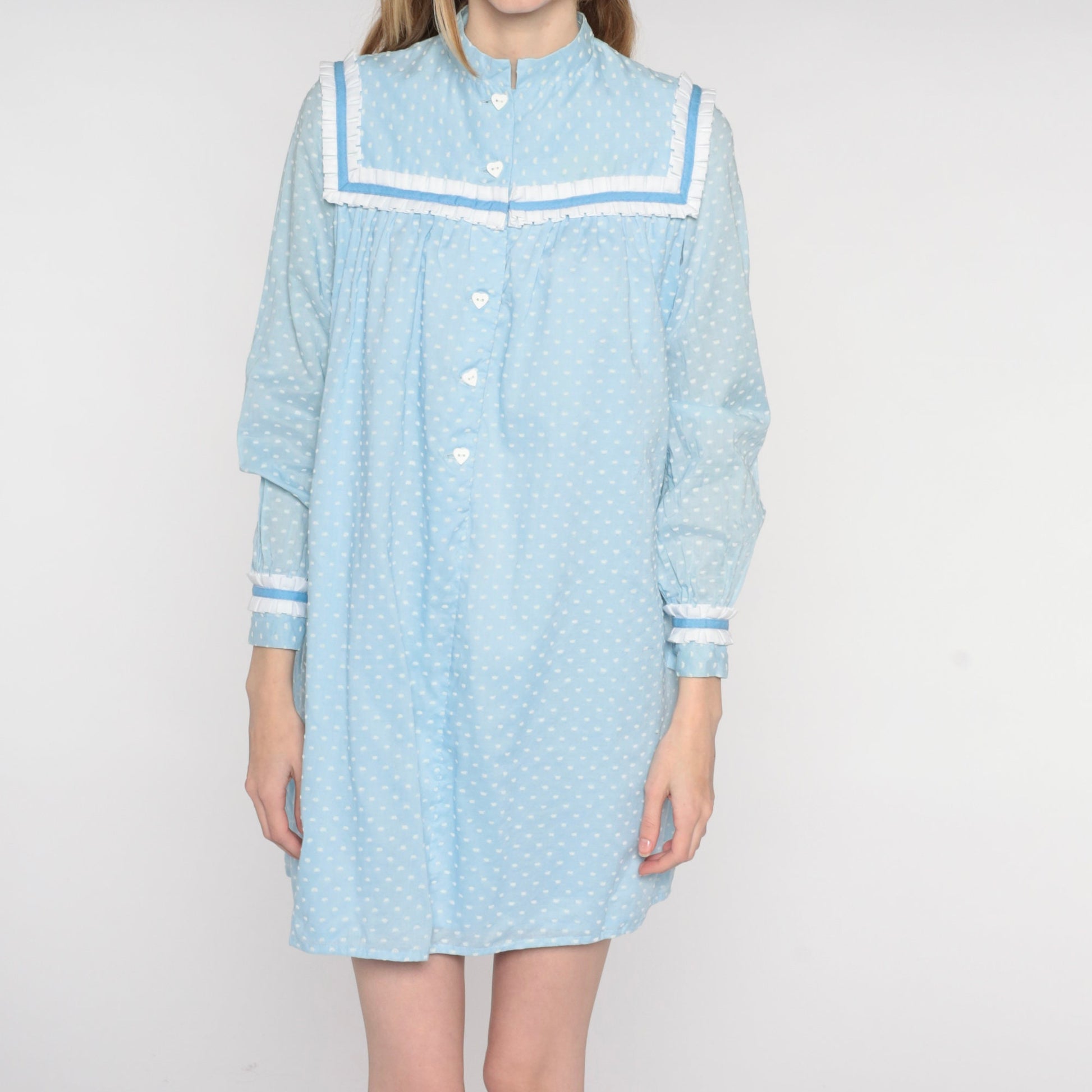 70s Baby Blue Polka Dot Mini Dress Heart Buttons Ruffled Bib Long Sleeve Small Medium