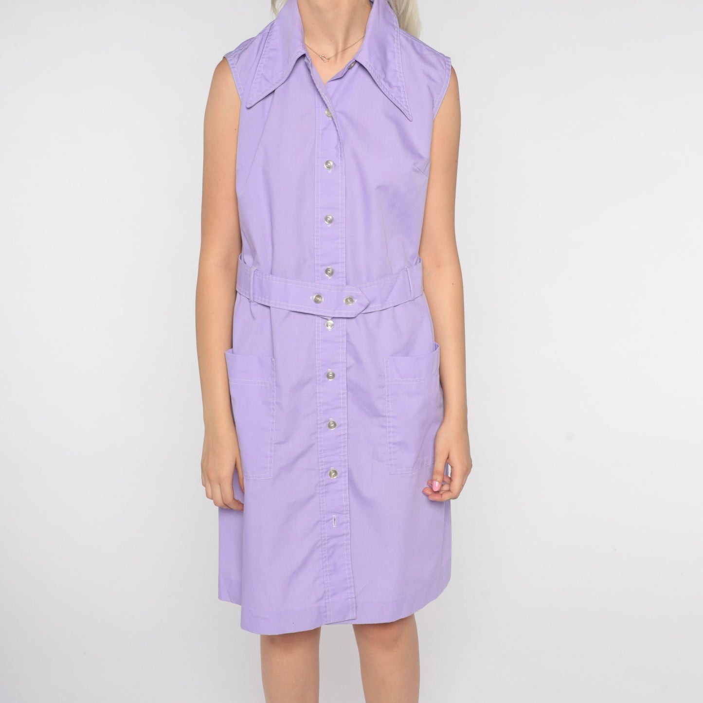 70s Lavender Button-Up Shirtdress Dagger Collar Sleeveless Mini Shift Medium