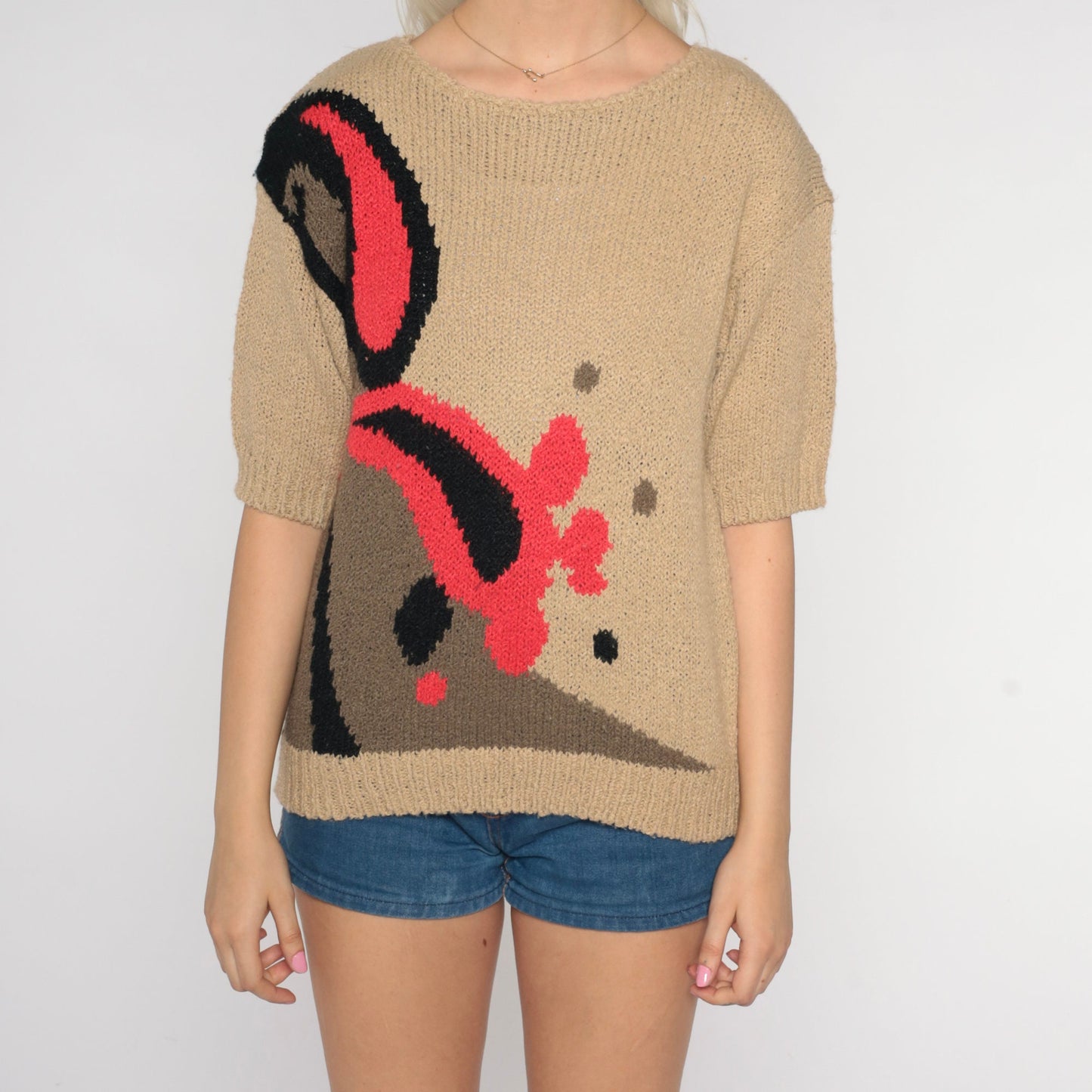 80s Tan Paisley Knit Top Short Sleeve Sweater Small S