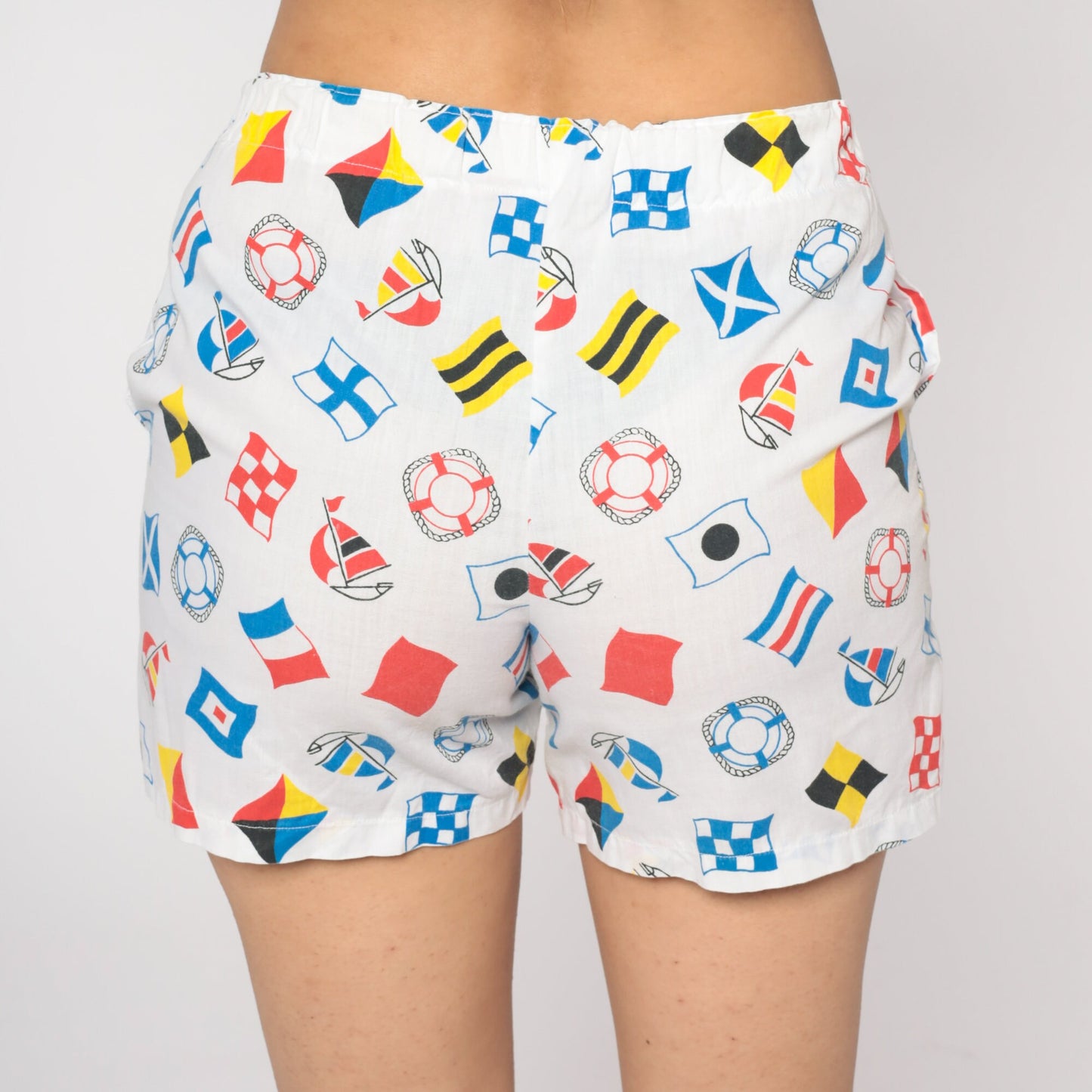 80s Nautical Print White Shorts Elastic Waist High Rise Small