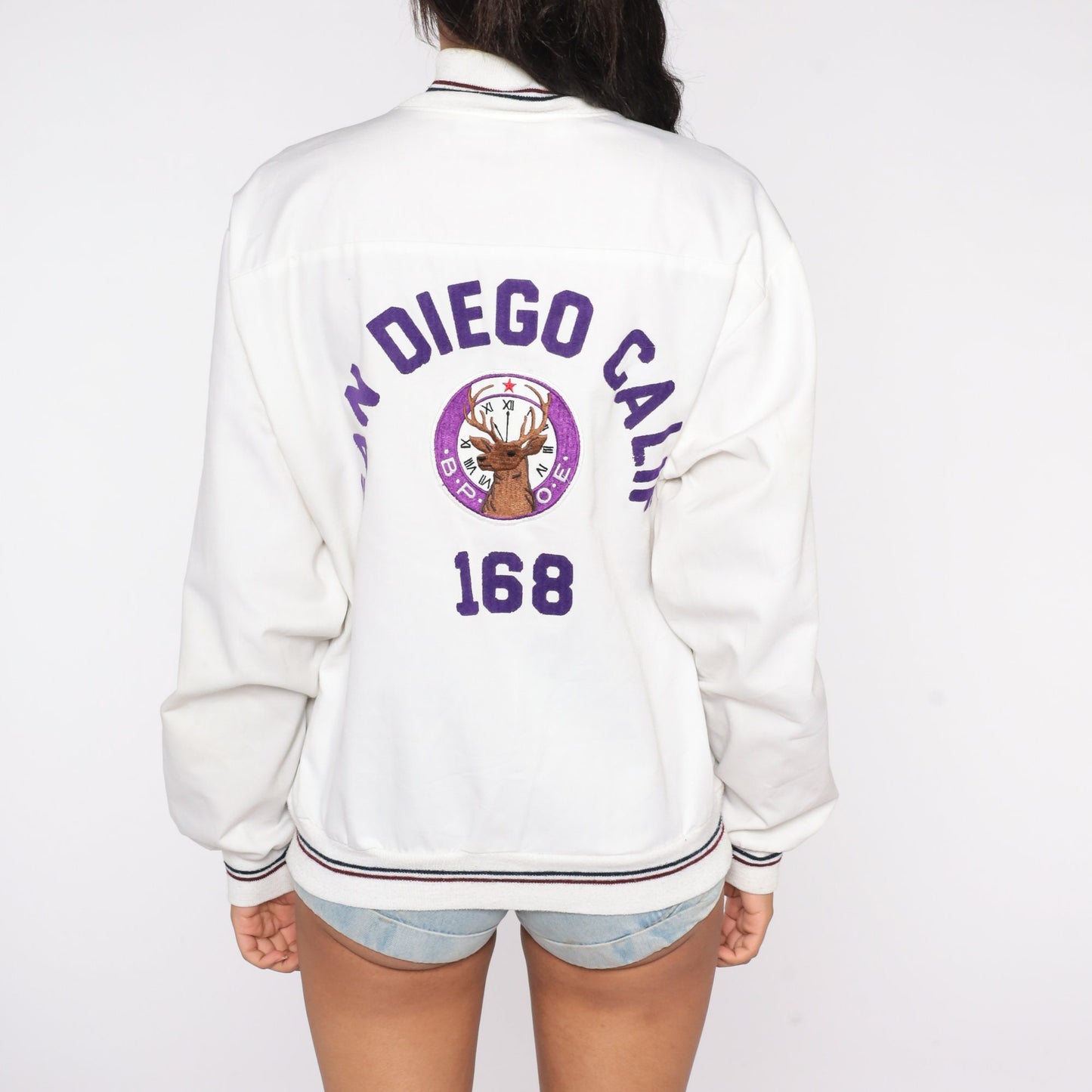 80s San Diego Elks Club El Cajon Bomber Jacket Embroidered Windbreaker White Mens Large L