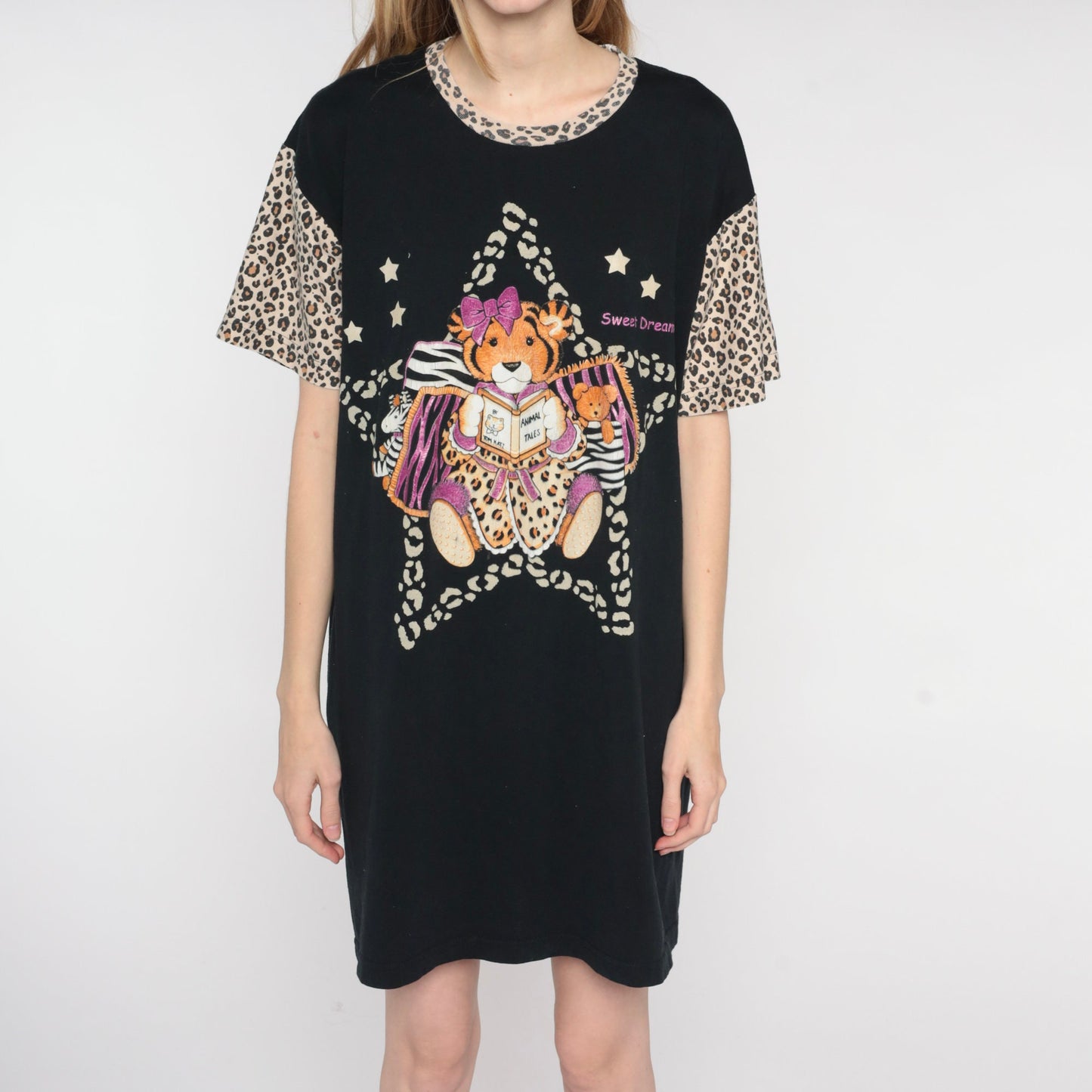90s Baby Tiger Sweet Dreams T-Shirt Dress Black Leopard Print Mini Nightgown