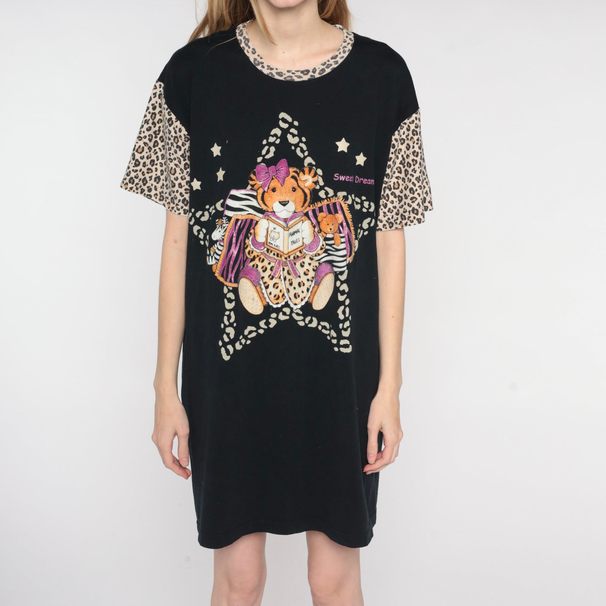 90s Baby Tiger Sweet Dreams T-Shirt Dress Black Leopard Print Mini Nightgown