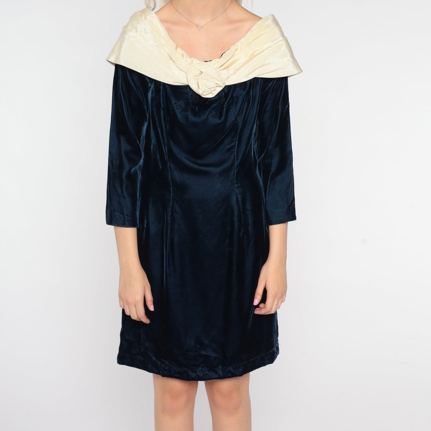60s Blue Velvet Mini Dress Shift Cream Rosette 3/4 Sleeve Medium M