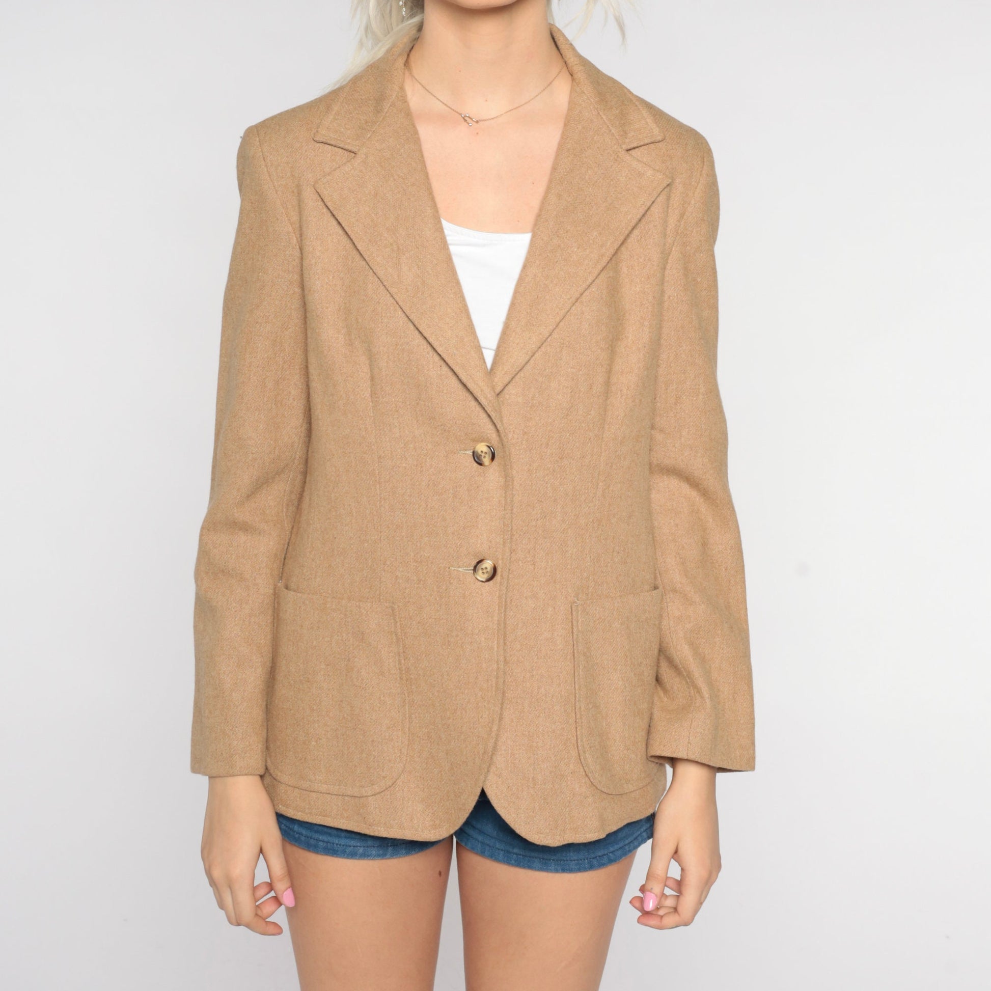 70s Wool Blazer Tan Button-Up Jacket Orange Lining Small