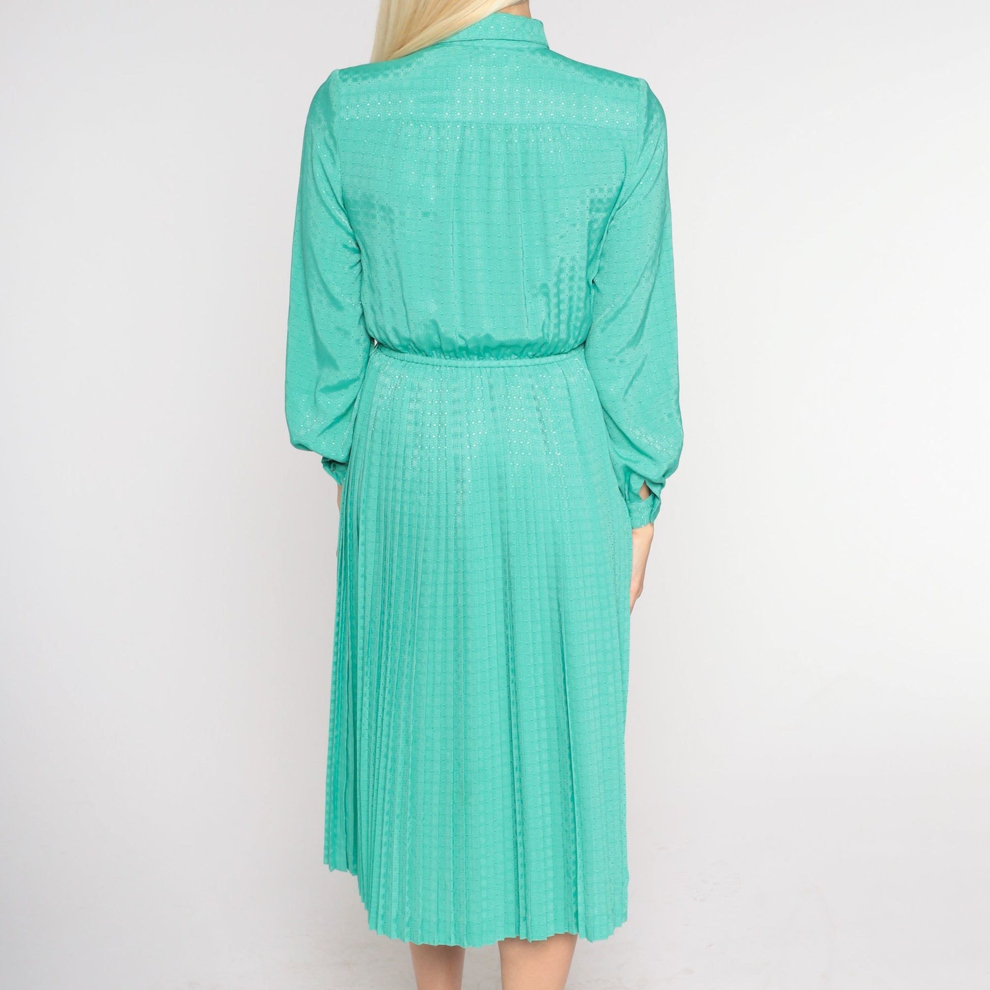 80s Seafoam Green Midi Dress High Waist Pleated Tuxedo Ruffle Small